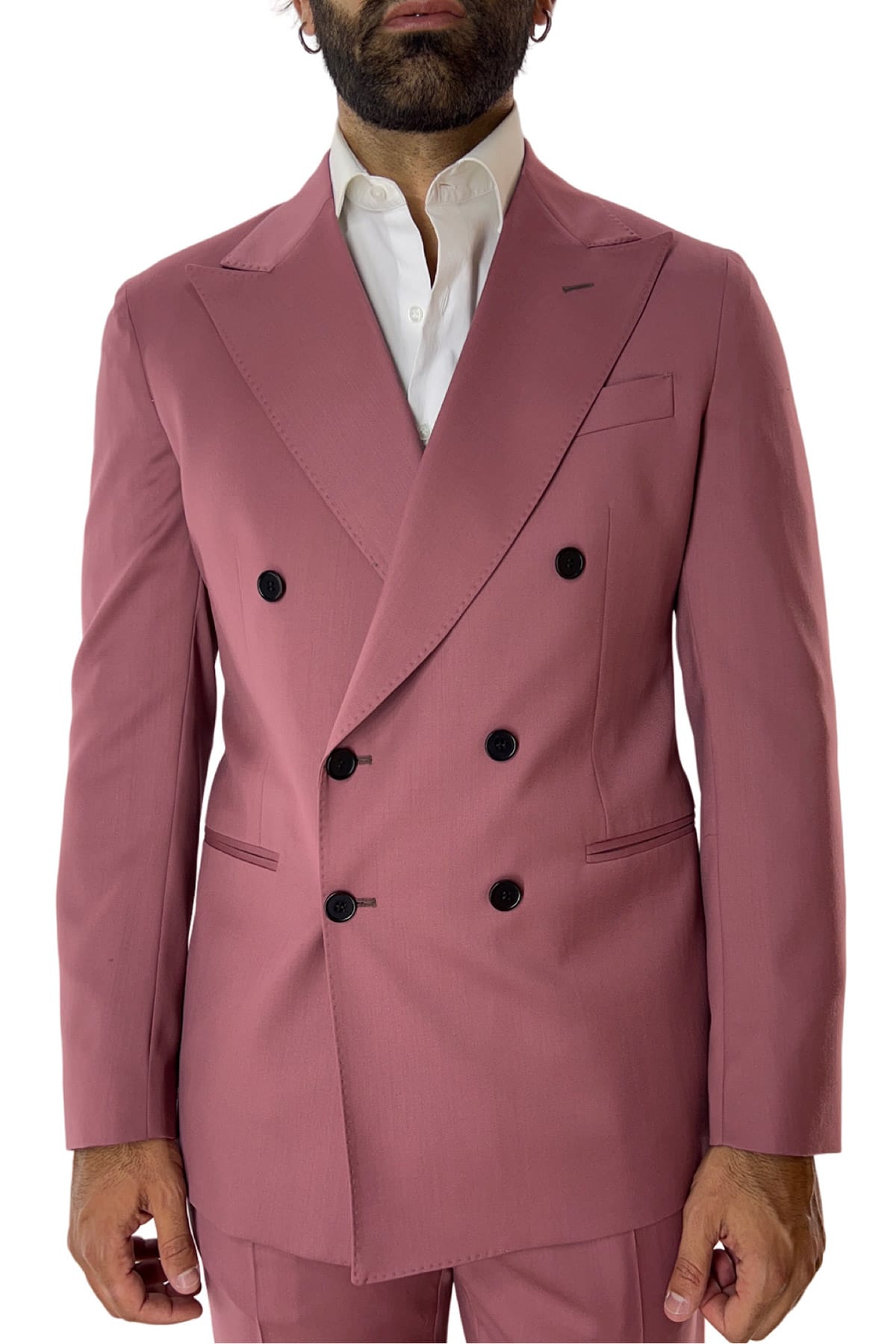 Giacca uomo doppiopetto color cipolla in fresco lana super 130's con rever a lancia larga tasche a filo