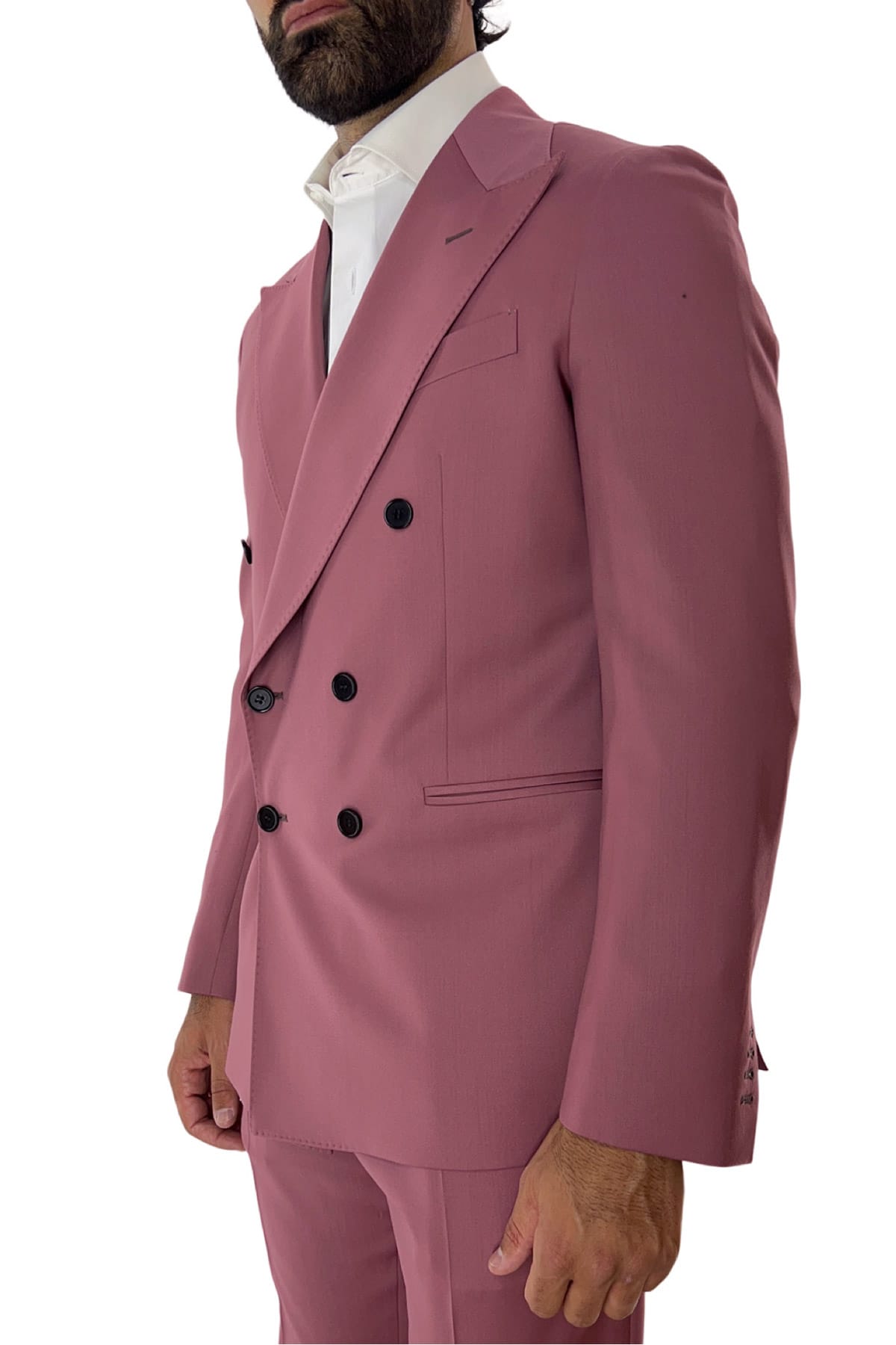 Giacca uomo doppiopetto color cipolla in fresco lana super 130's con rever a lancia larga tasche a filo
