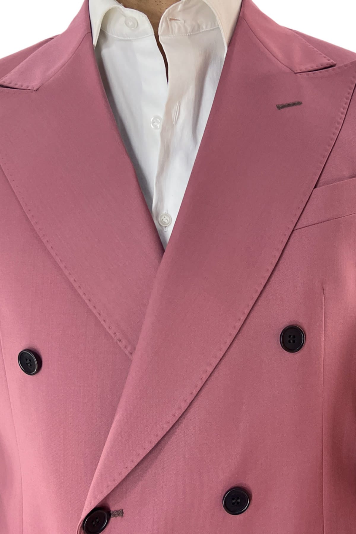 Giacca uomo doppiopetto color cipolla in fresco lana super 130's con rever a lancia larga tasche a filo