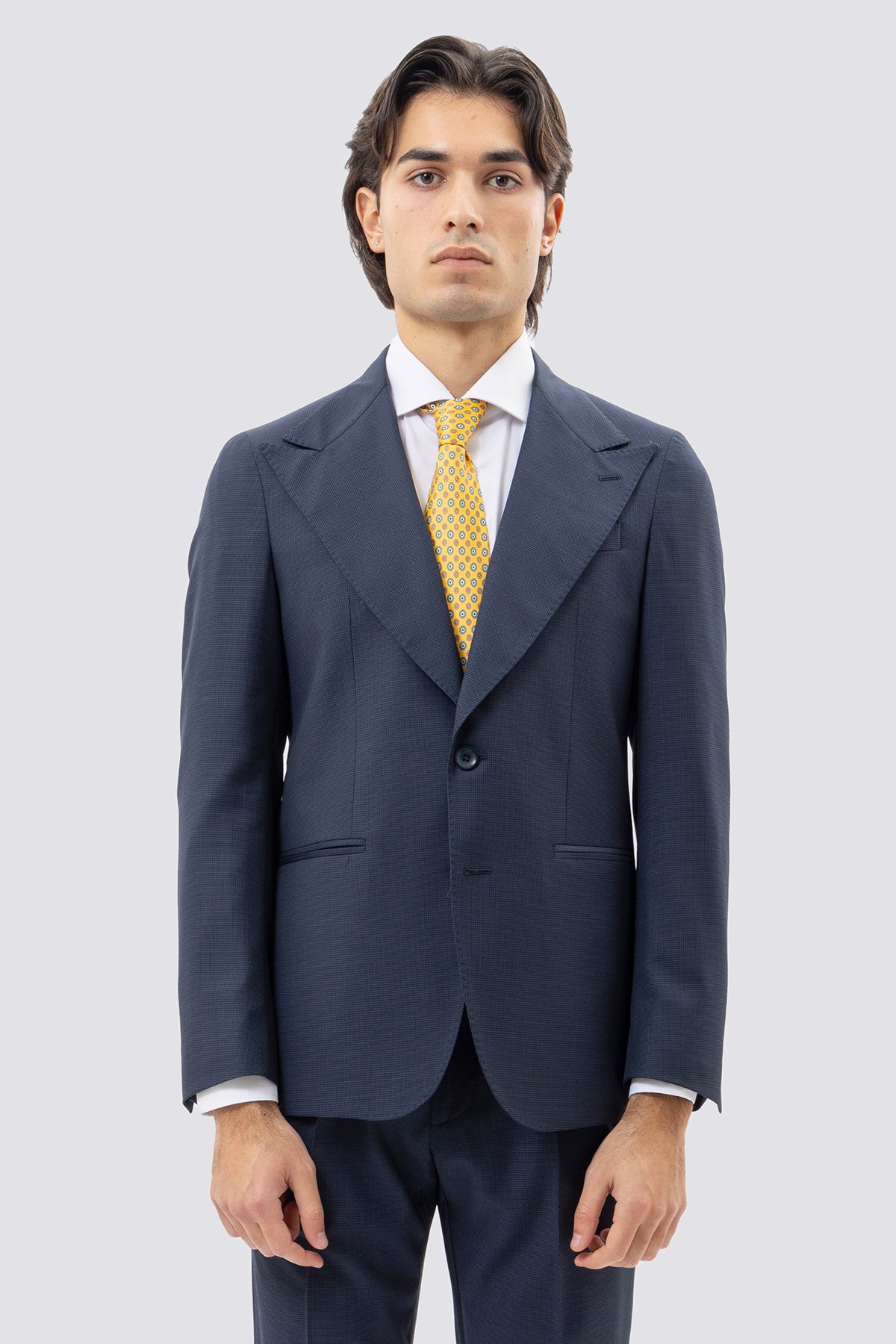 Giacca uomo monopetto blu pied de poule in fresco lana super 120's Holland & Sherry rever a lancia larga