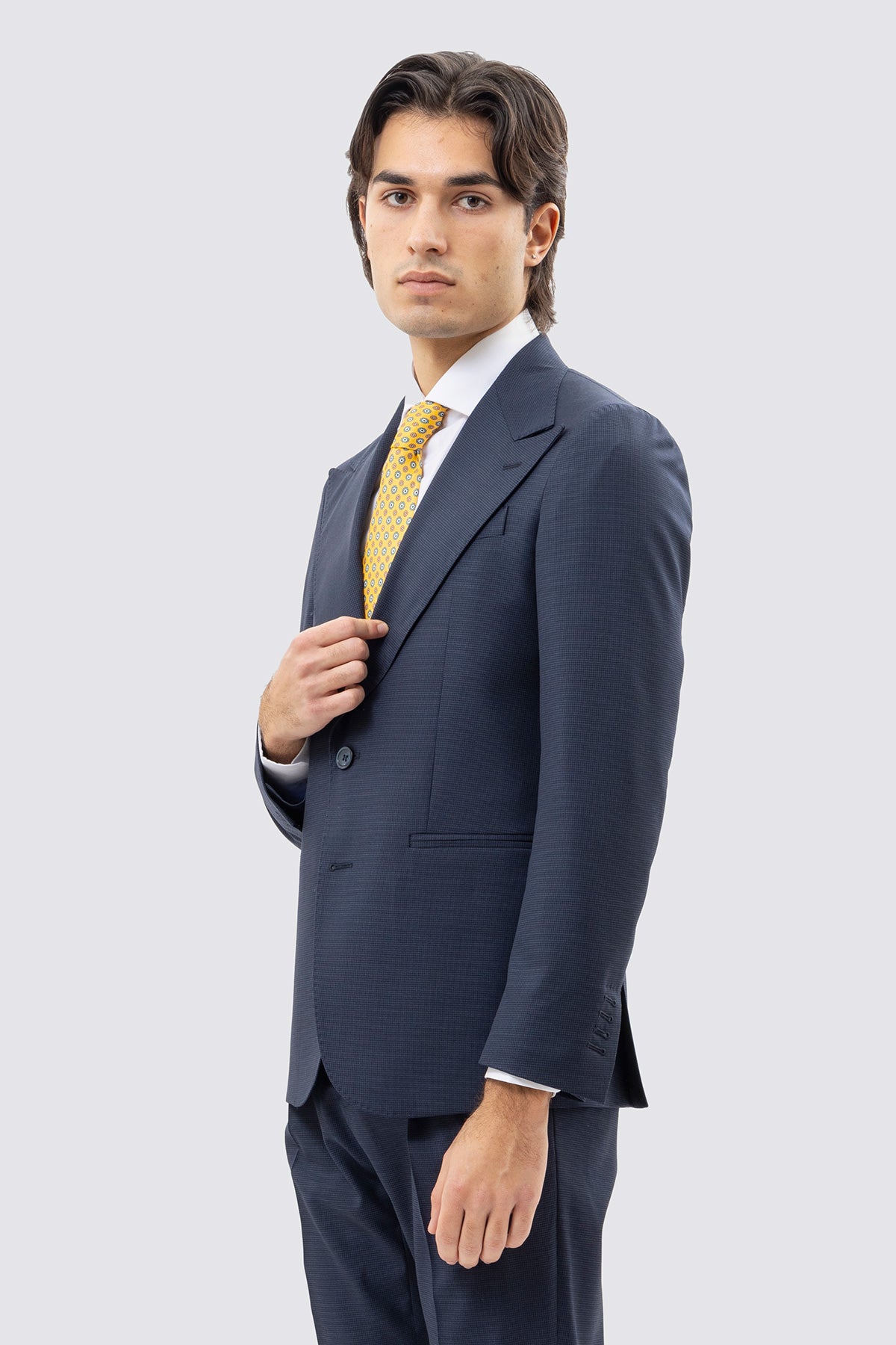 Giacca uomo monopetto blu pied de poule in fresco lana super 120's Holland & Sherry rever a lancia larga