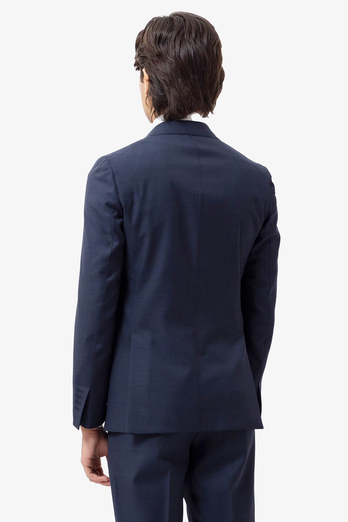 Giacca uomo monopetto blu pied de poule in fresco lana super 120's Holland & Sherry rever a lancia larga