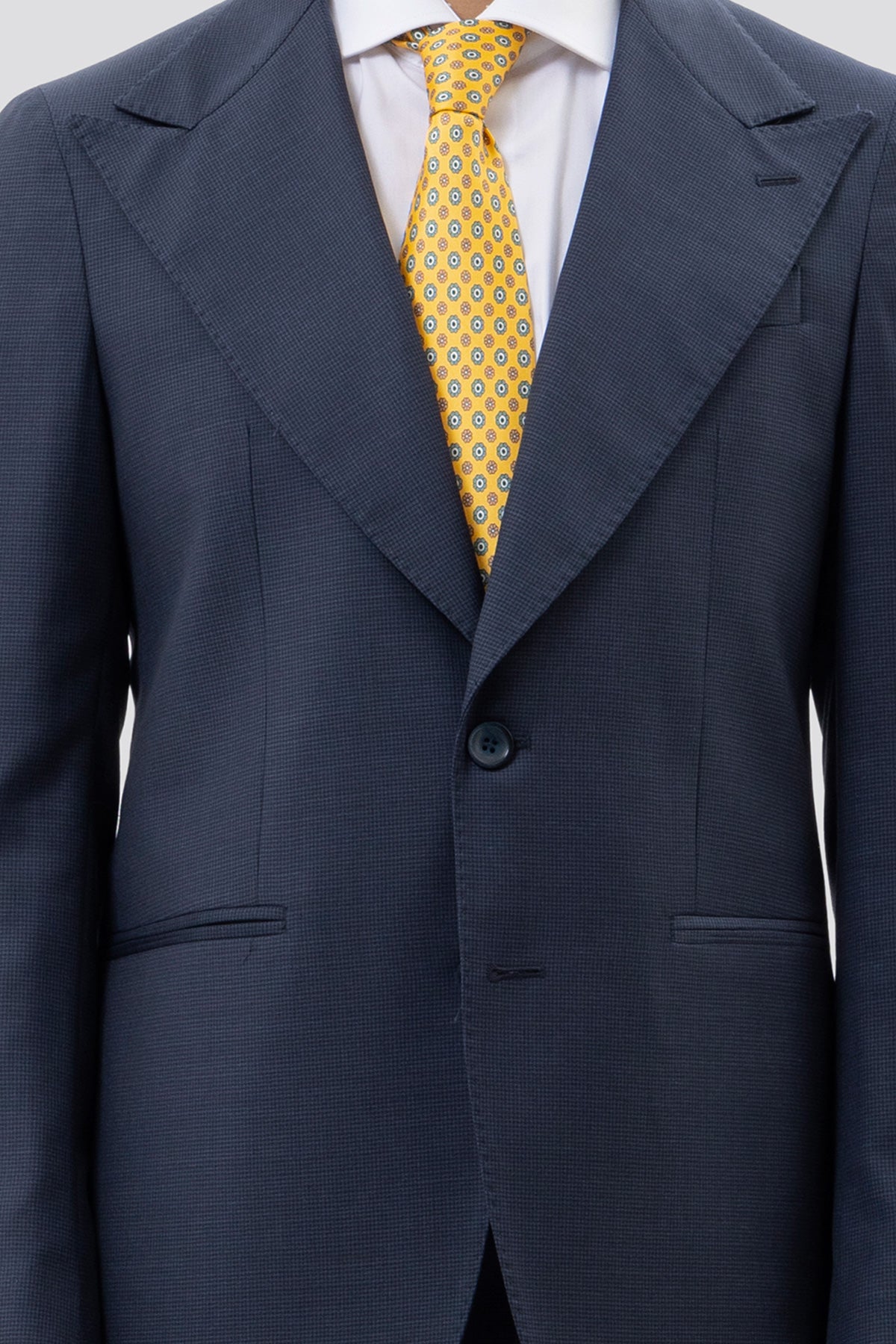 Giacca uomo monopetto blu pied de poule in fresco lana super 120's Holland & Sherry rever a lancia larga