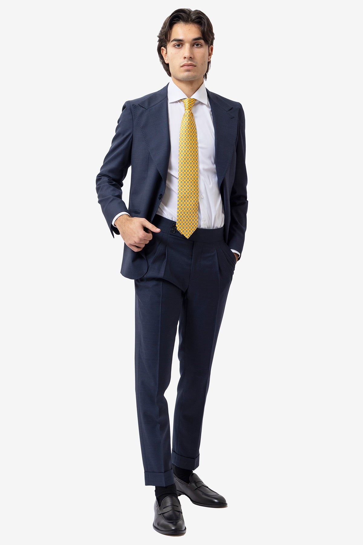 Giacca uomo monopetto blu pied de poule in fresco lana super 120's Holland & Sherry rever a lancia larga