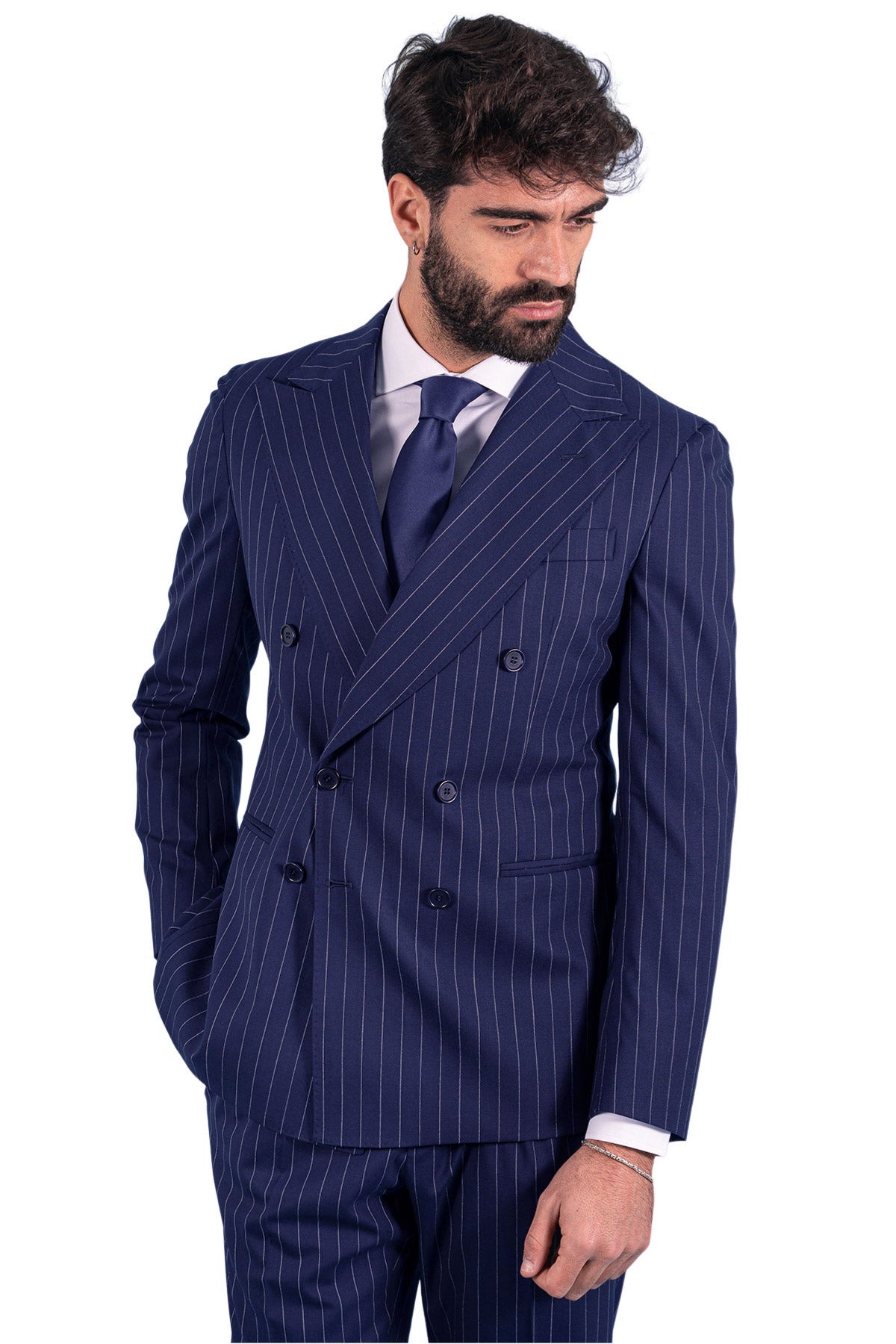 Giacca uomo doppiopetto blu navy fantasia gessata in fresco lana super 100's tasche a filo Holland & Sherry