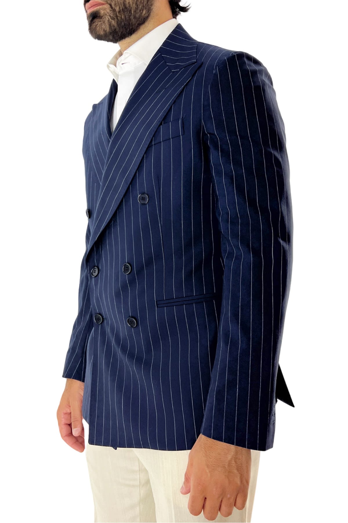 Giacca uomo doppiopetto blu navy fantasia gessata in fresco lana super 100's tasche a filo Holland & Sherry