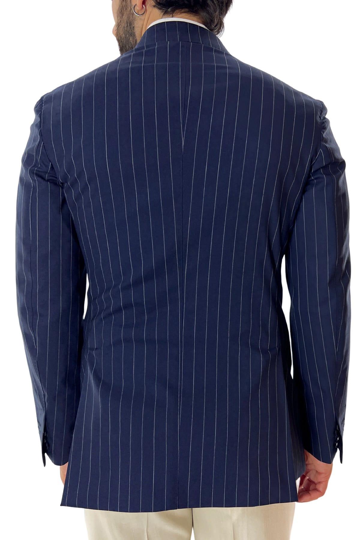 Giacca uomo doppiopetto blu navy fantasia gessata in fresco lana super 100's tasche a filo Holland & Sherry