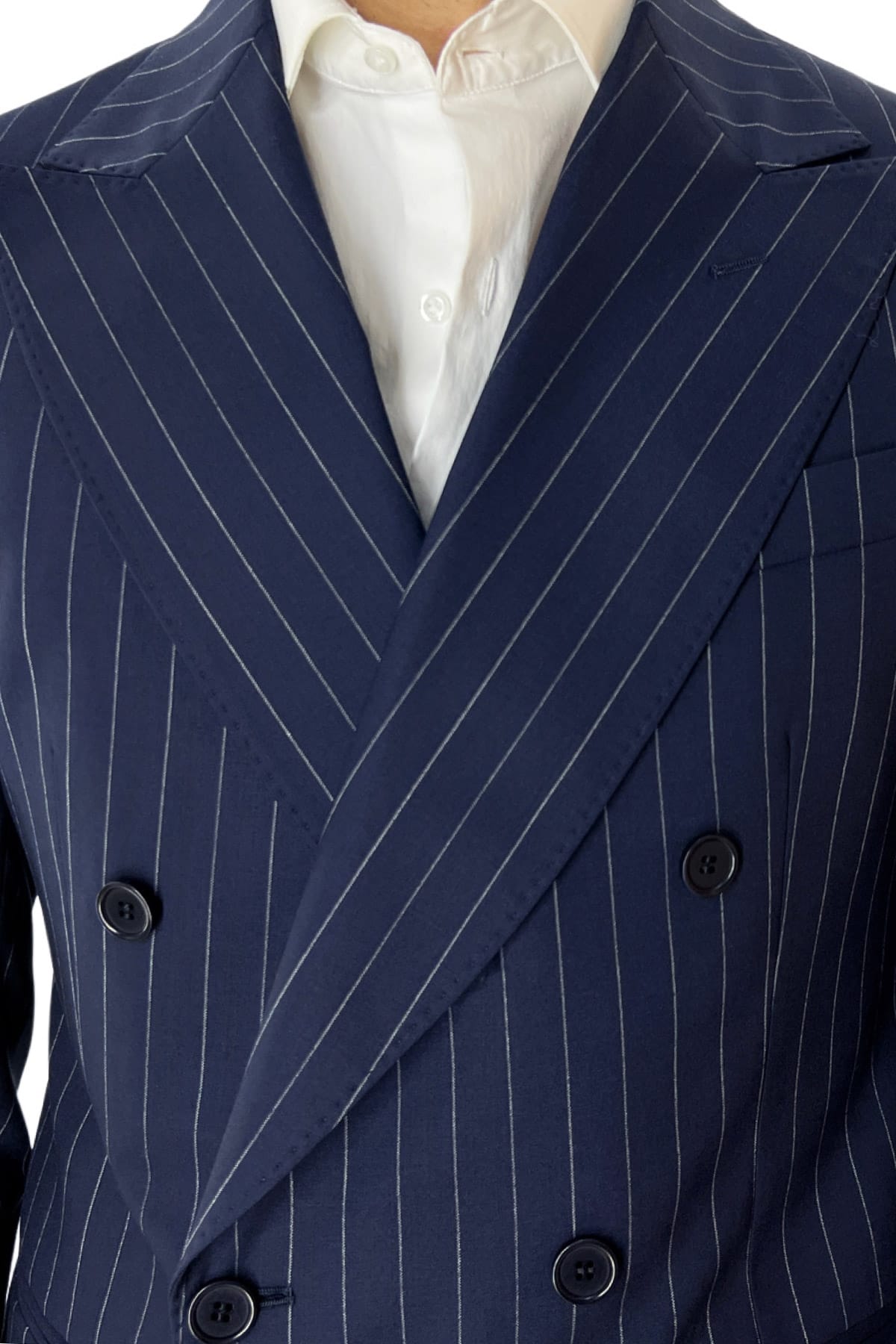 Giacca uomo doppiopetto blu navy fantasia gessata in fresco lana super 100's tasche a filo Holland & Sherry