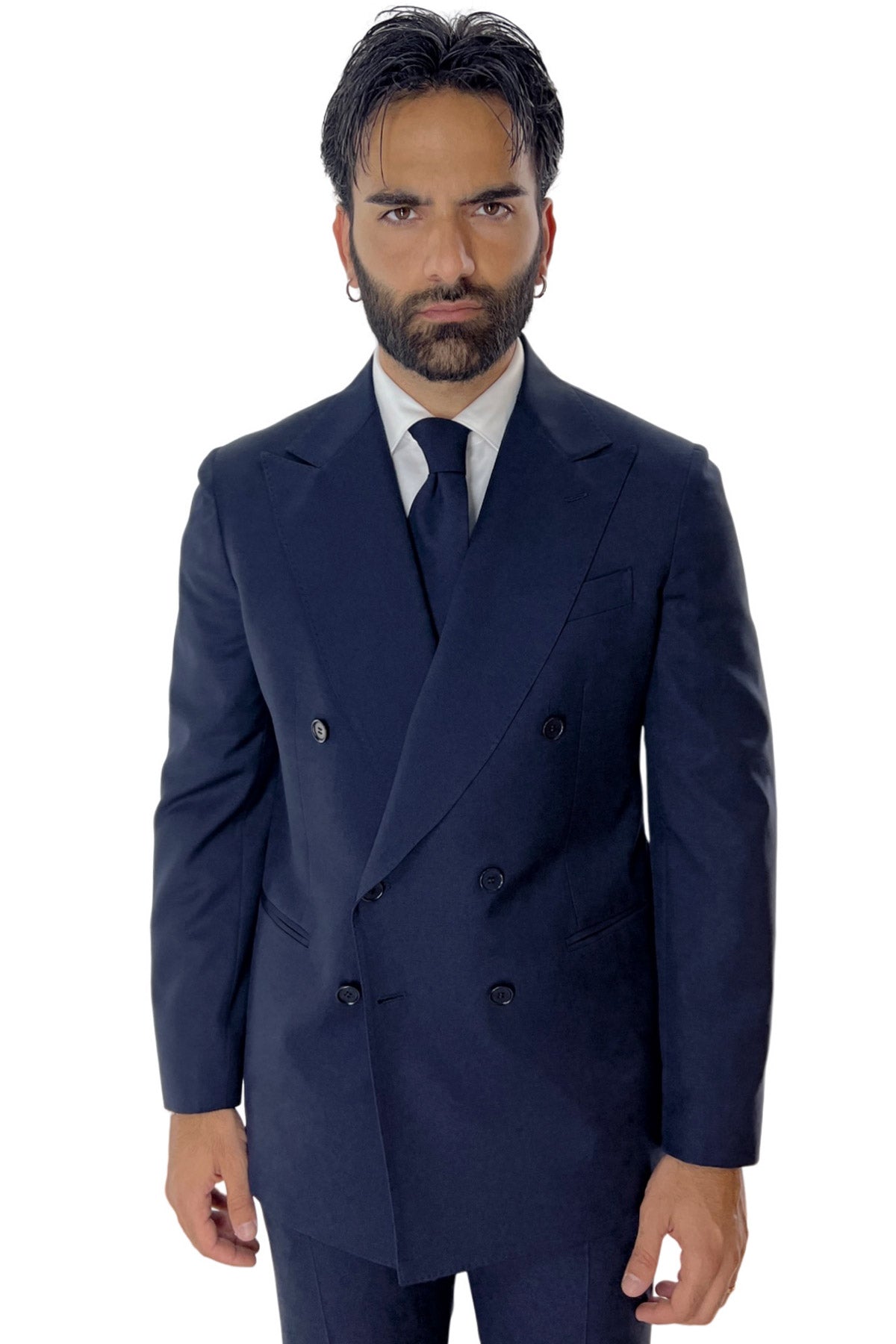 Giacca uomo doppiopetto navy blu rever a lancia larga in fresco lana 120's Holland & Sherry