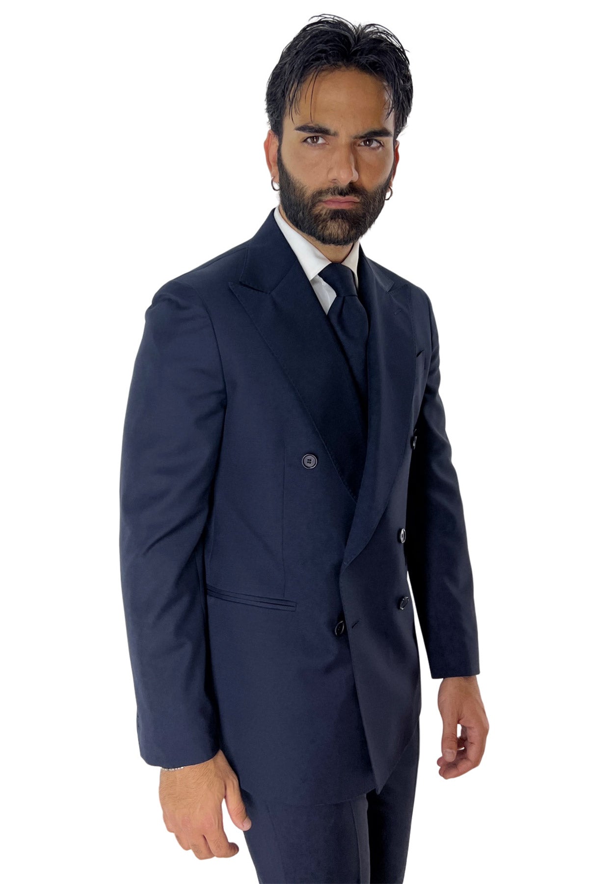 Giacca uomo doppiopetto navy blu rever a lancia larga in fresco lana 120's Holland & Sherry