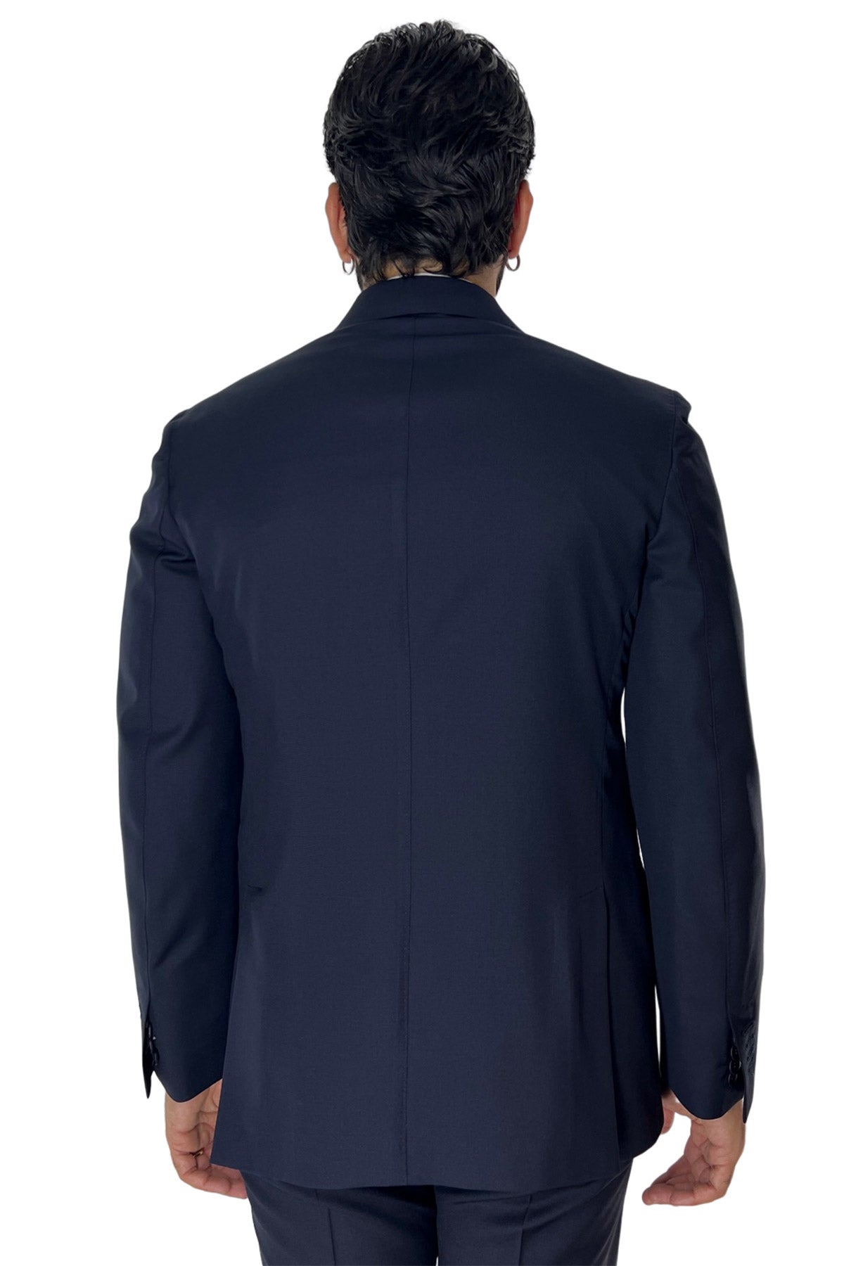 Giacca uomo doppiopetto navy blu rever a lancia larga in fresco lana 120's Holland & Sherry