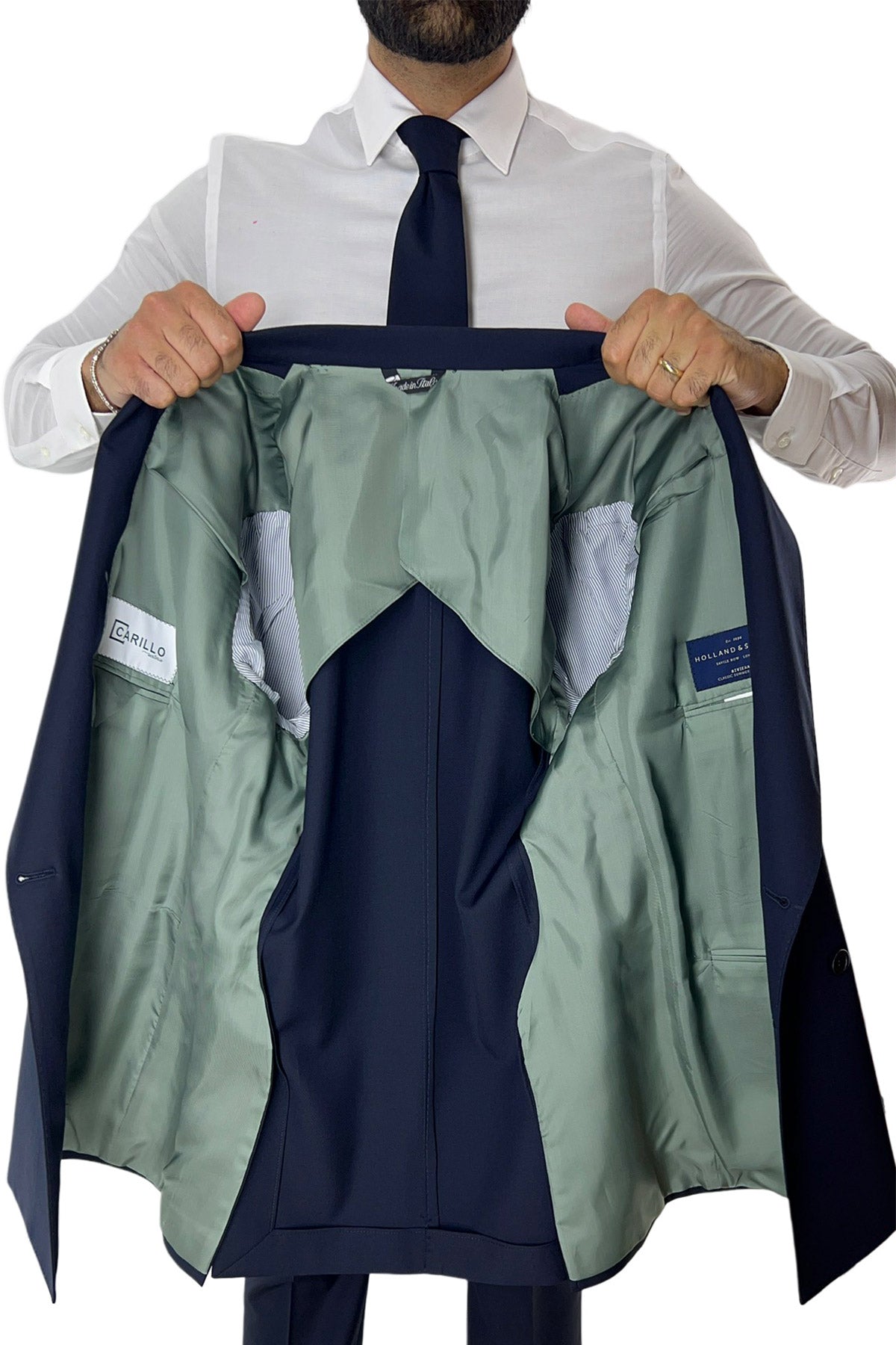 Giacca uomo doppiopetto navy blu rever a lancia larga in fresco lana 120's Holland & Sherry