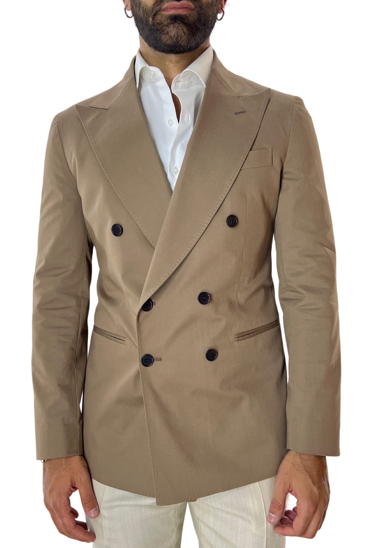 Giacca uomo doppiopetto fango rever a lancia larga in fresco cotone Holland & Sherry