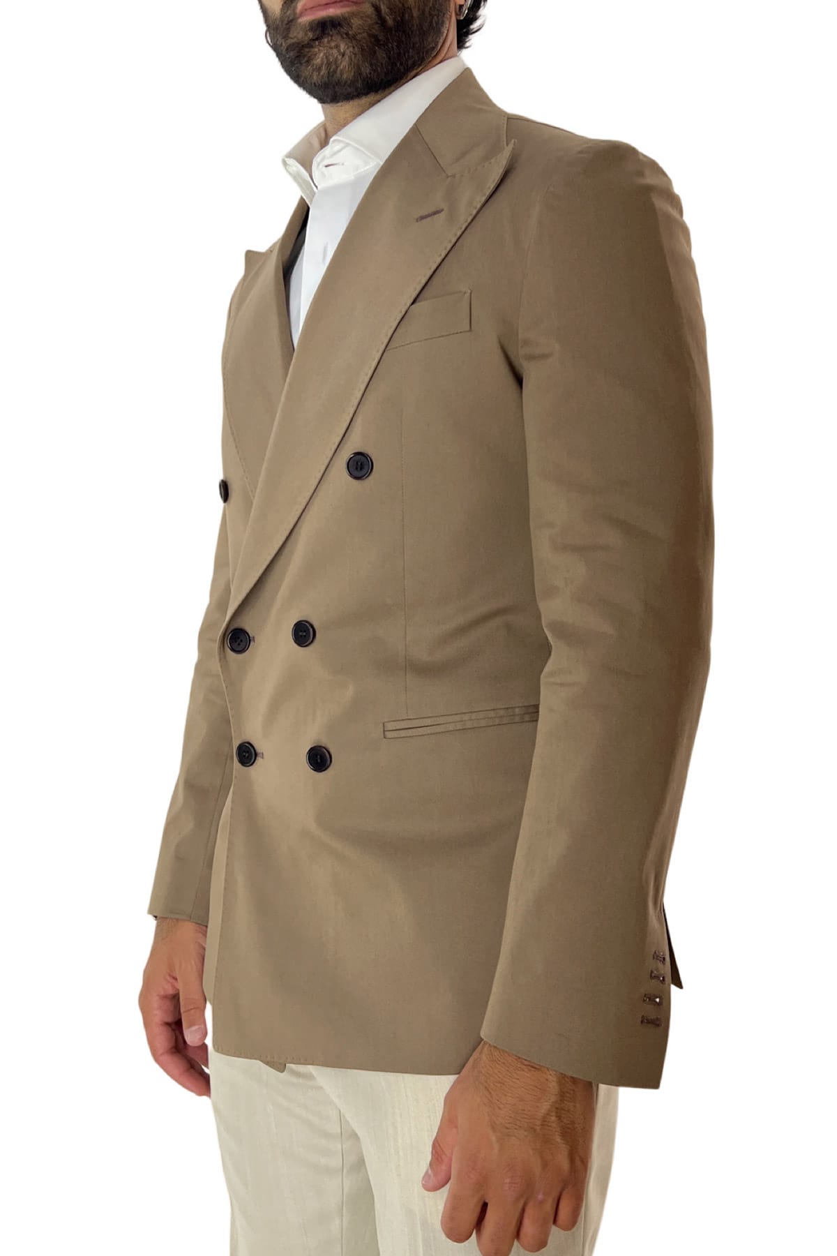 Giacca uomo doppiopetto fango rever a lancia larga in fresco cotone Holland & Sherry