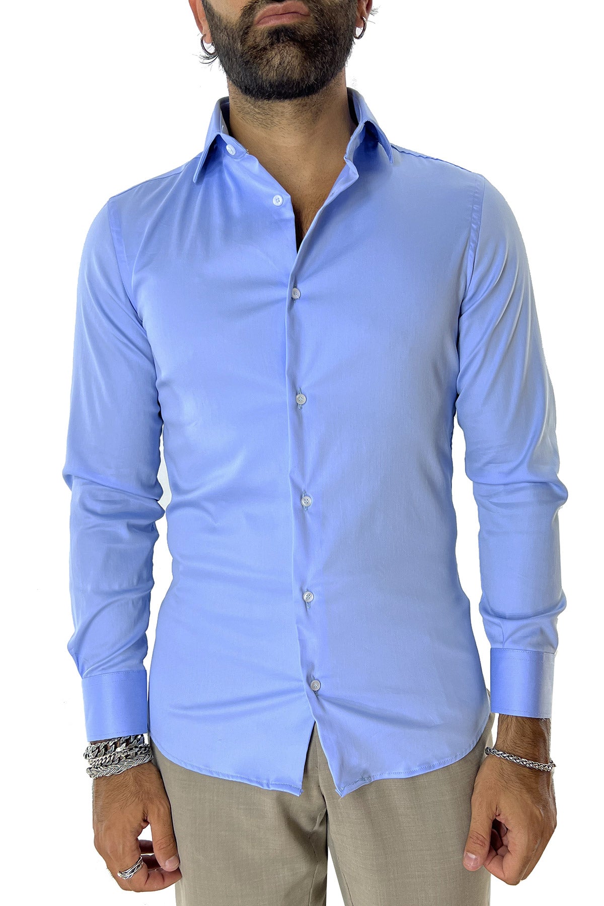 Camicia Uomo extra slim fit cotone Elastico Collo semi francese tinta unita sartoriale