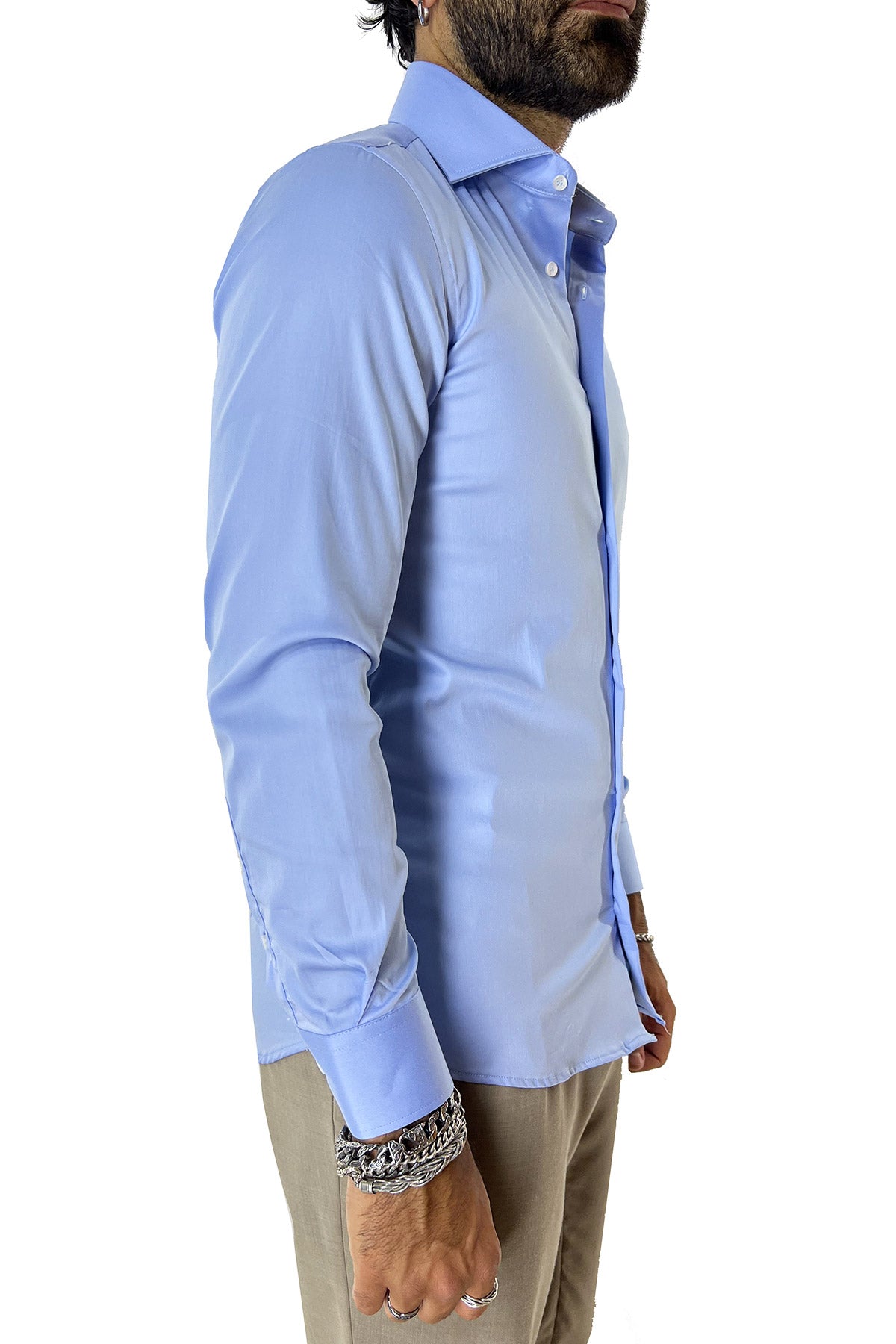 Camicia Uomo extra slim fit cotone Elastico Collo semi francese tinta unita sartoriale