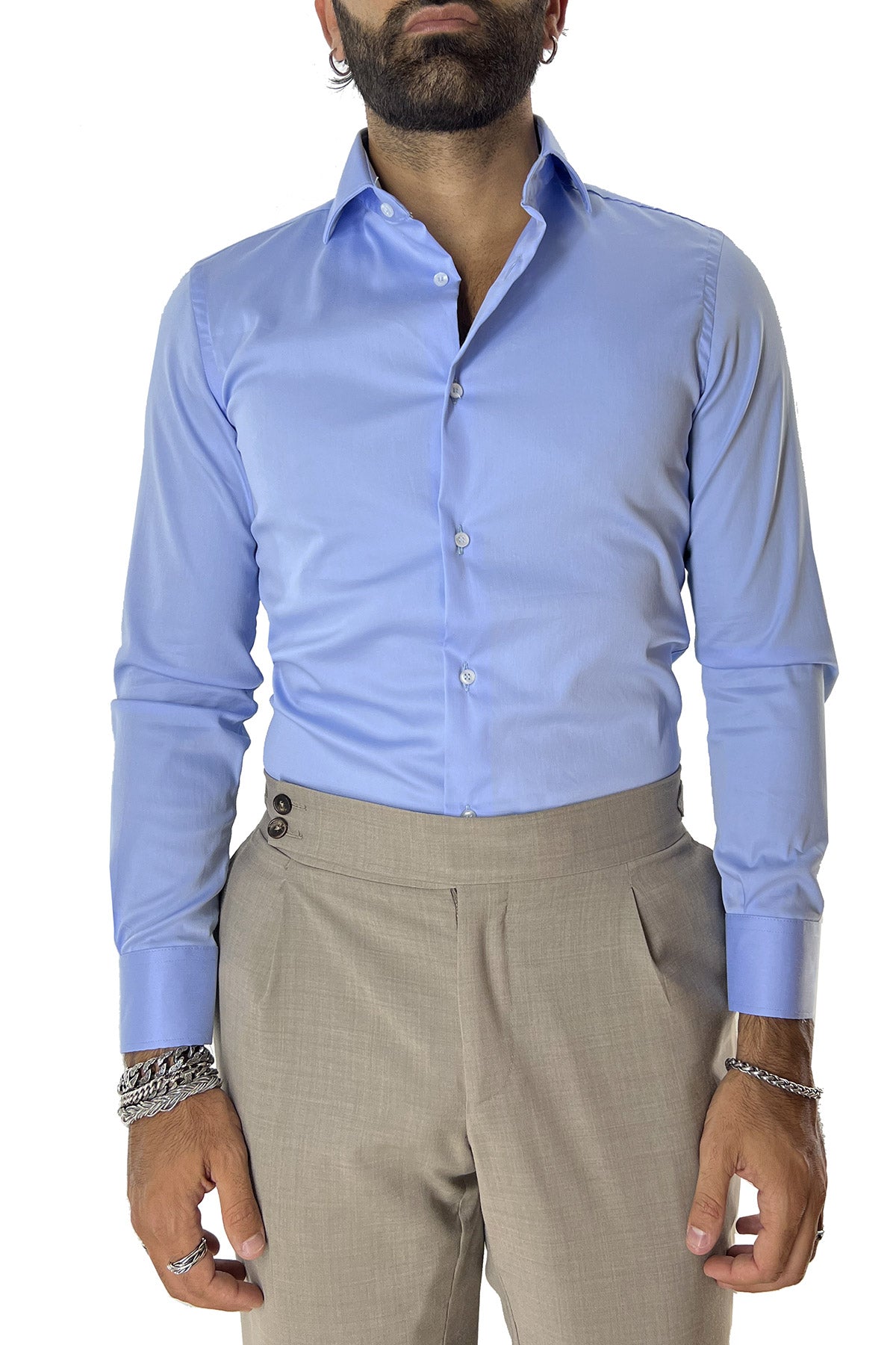 Camicia Uomo extra slim fit cotone Elastico Collo semi francese tinta unita sartoriale