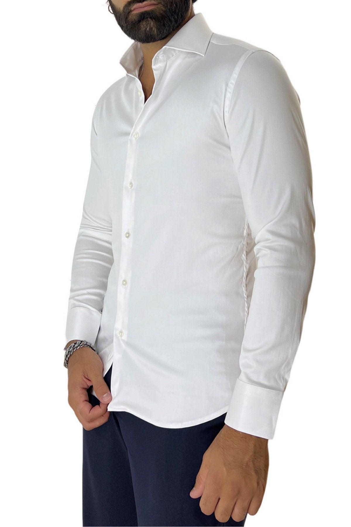 Camicia Uomo extra slim fit cotone Elastico Collo semi francese tinta unita sartoriale