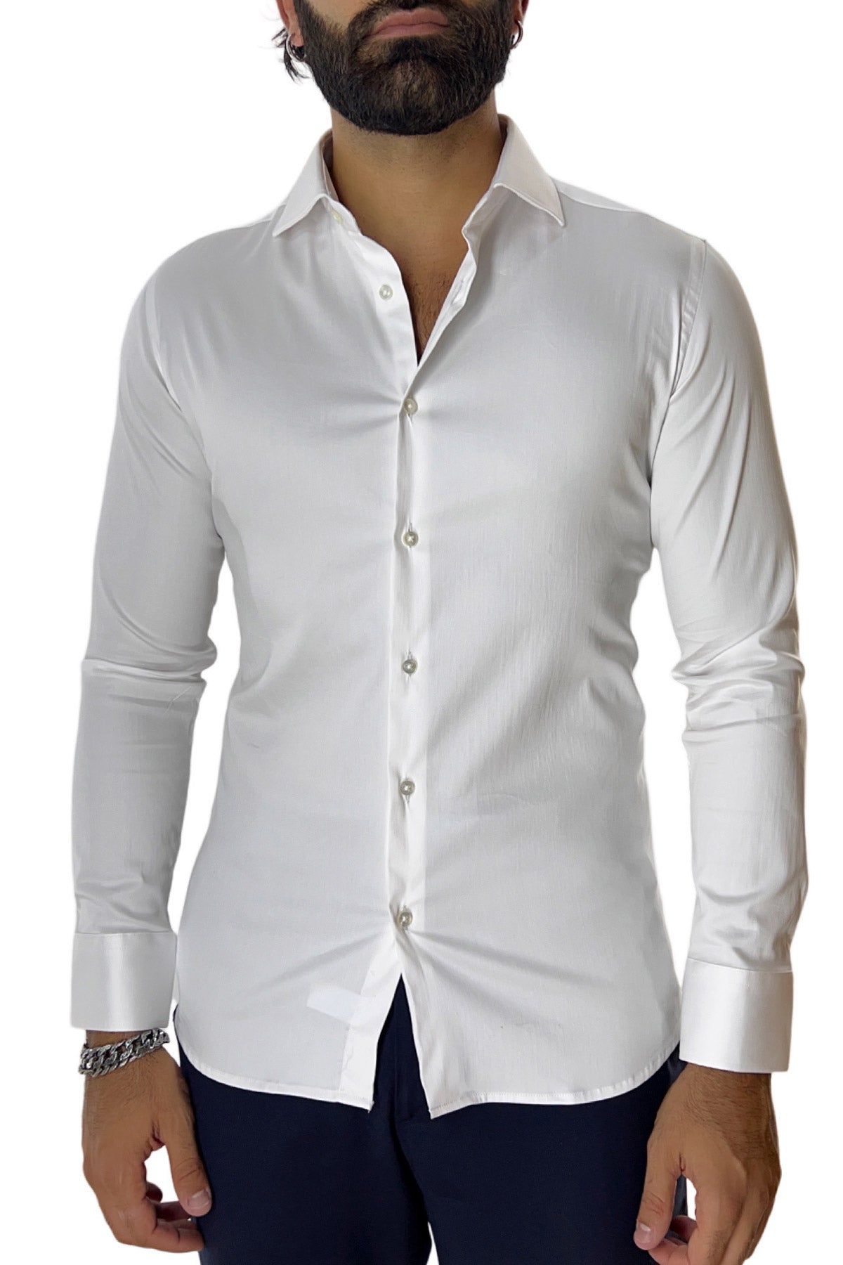 Camicia Uomo extra slim fit cotone Elastico Collo semi francese tinta unita sartoriale