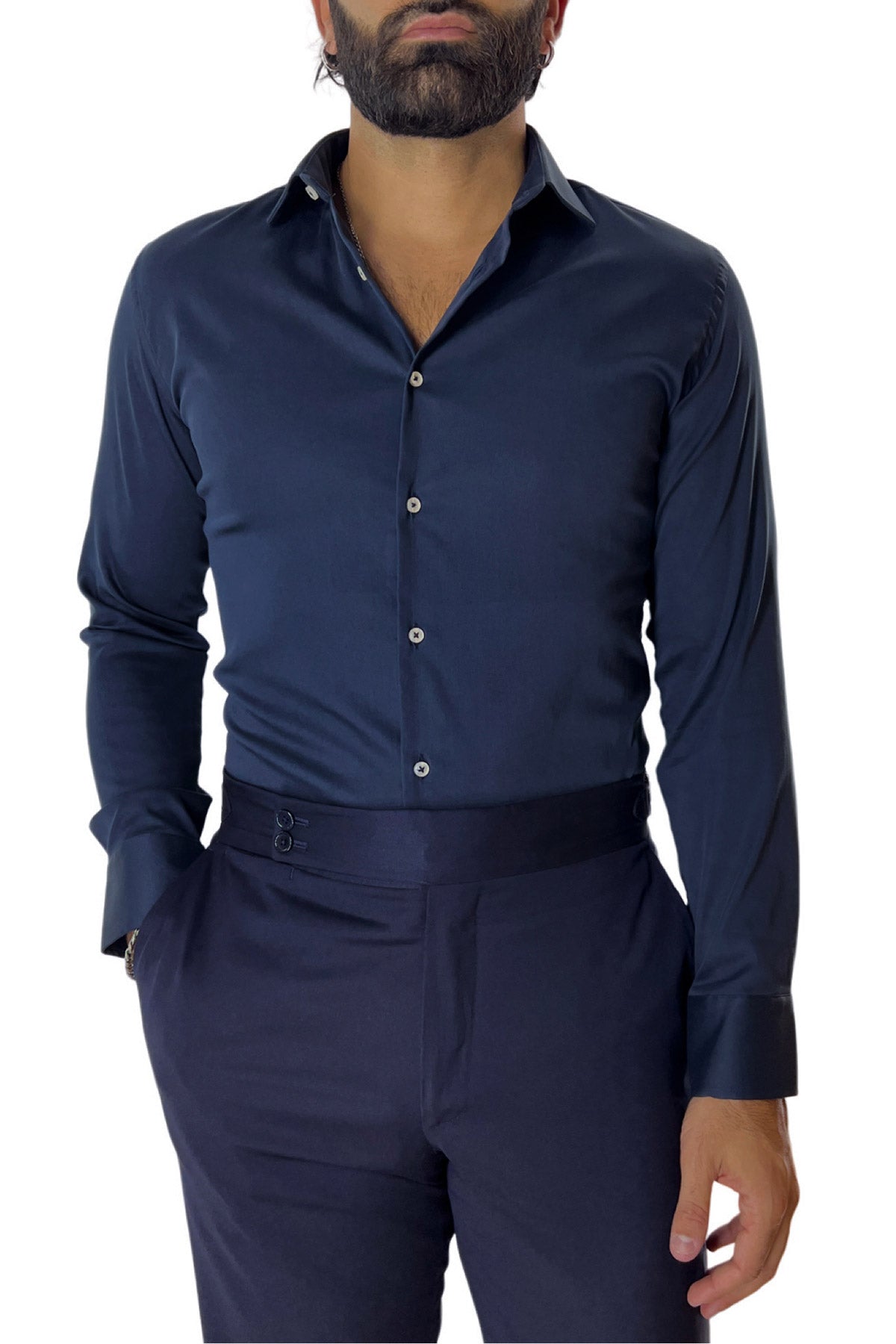 Camicia Uomo extra slim fit cotone Elastico Collo semi francese tinta unita sartoriale