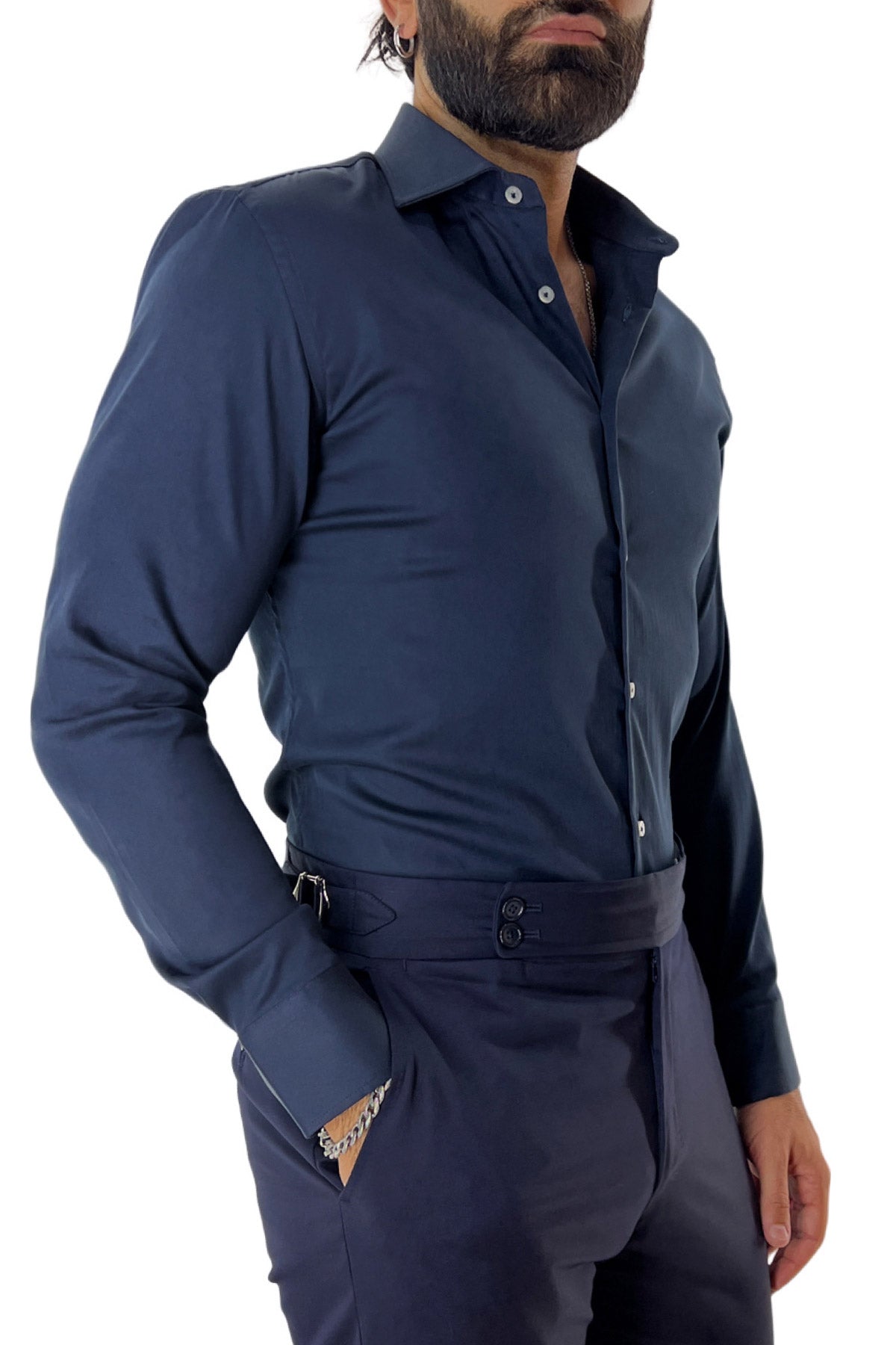 Camicia Uomo extra slim fit cotone Elastico Collo semi francese tinta unita sartoriale