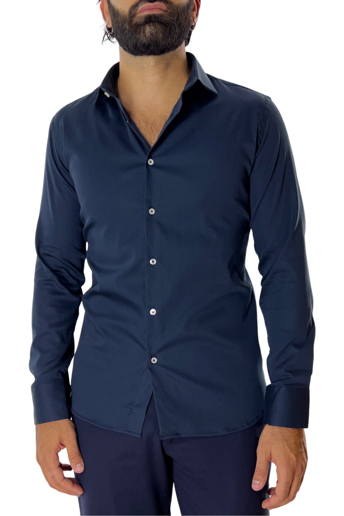 Camicia Uomo extra slim fit cotone Elastico Collo semi francese tinta unita sartoriale