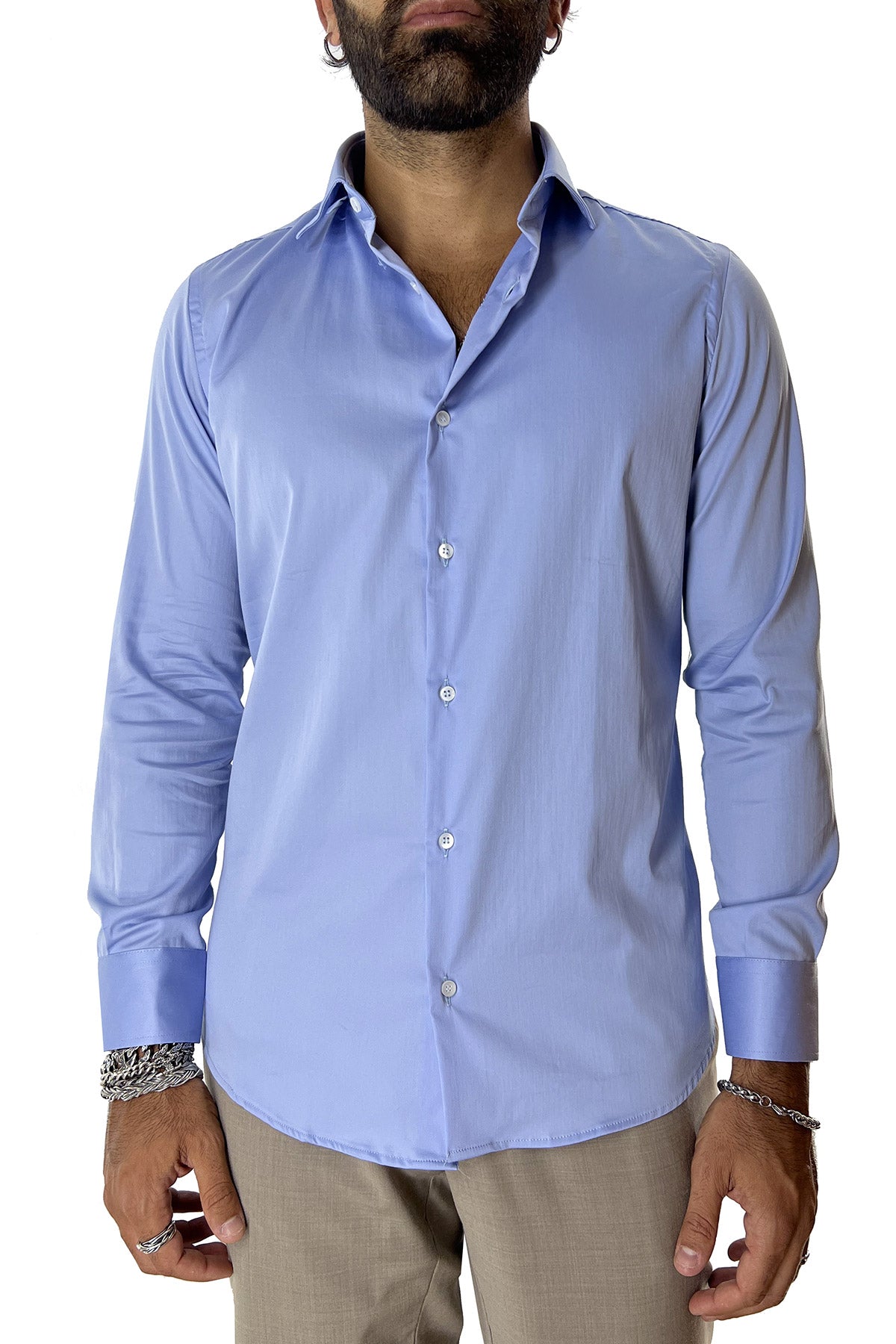Camicia Uomo extra slim fit cotone Elastico Collo semi francese tinta unita sartoriale