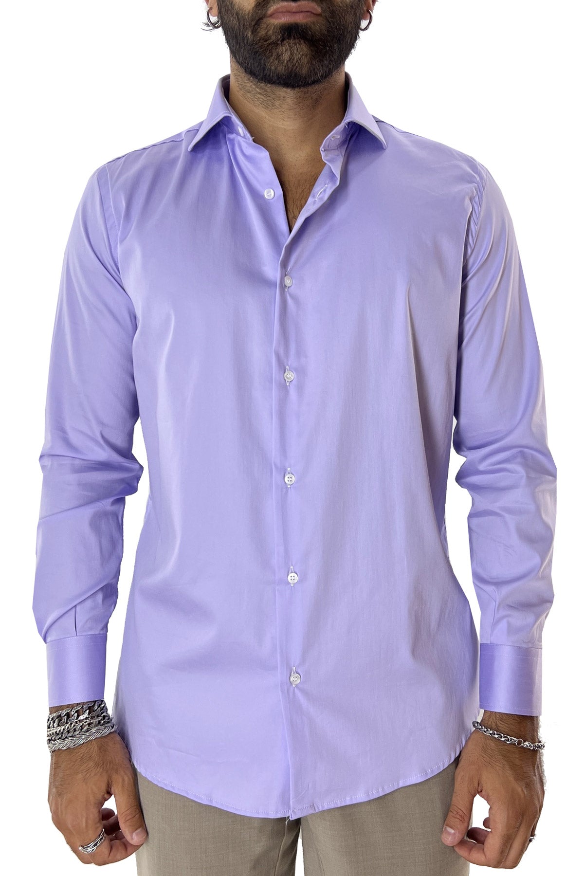 Camicia Uomo extra slim fit cotone Elastico Collo semi francese tinta unita sartoriale