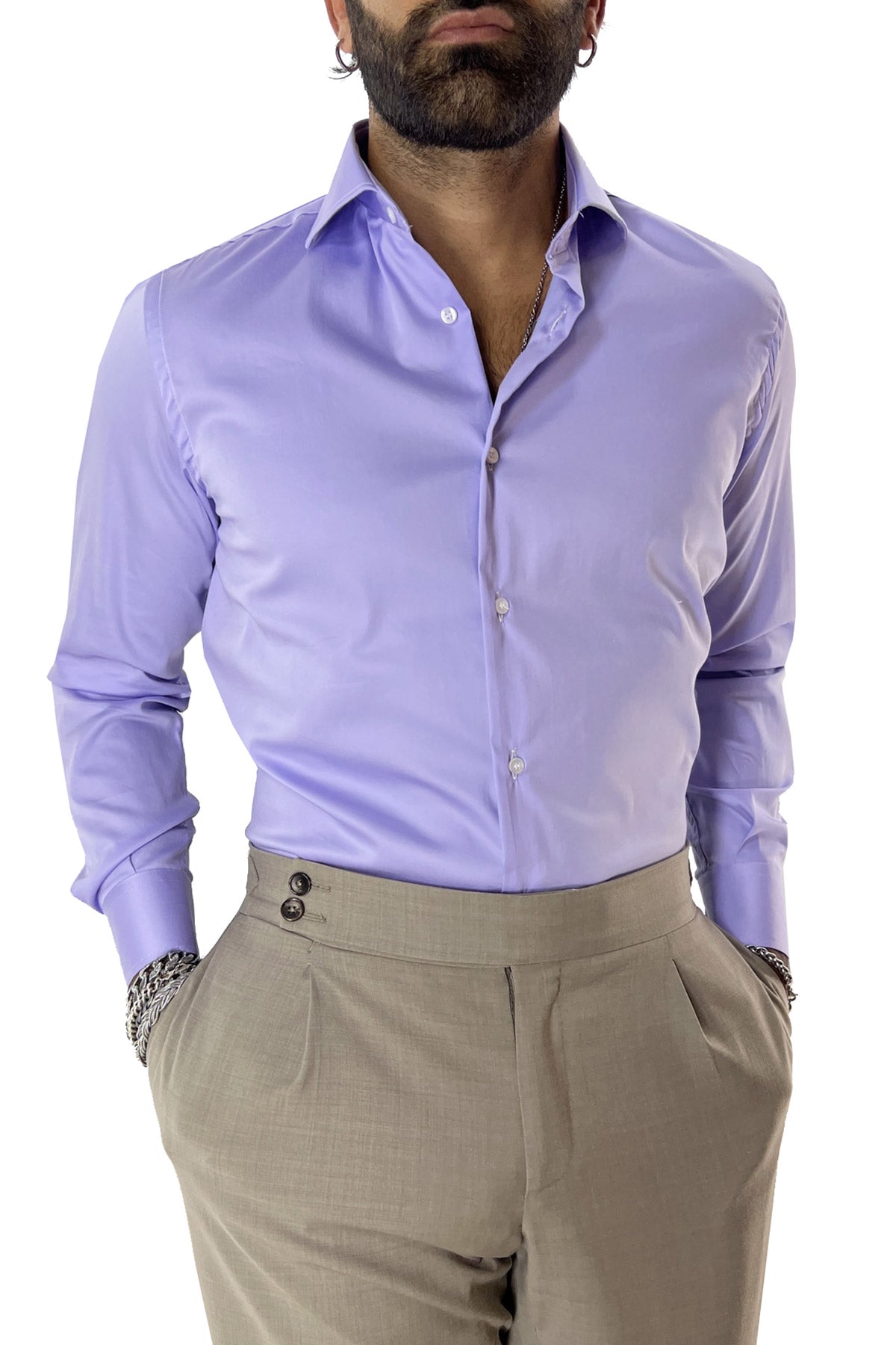 Camicia Uomo extra slim fit cotone Elastico Collo semi francese tinta unita sartoriale
