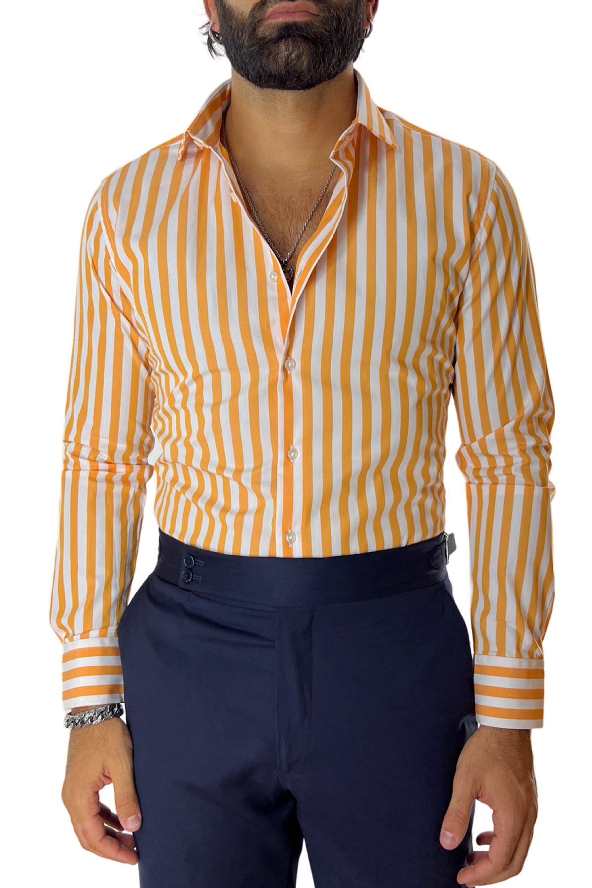 Camicia Uomo Righe Larghe extra slim fit 100% cotone Collo semi francese Made In Italy