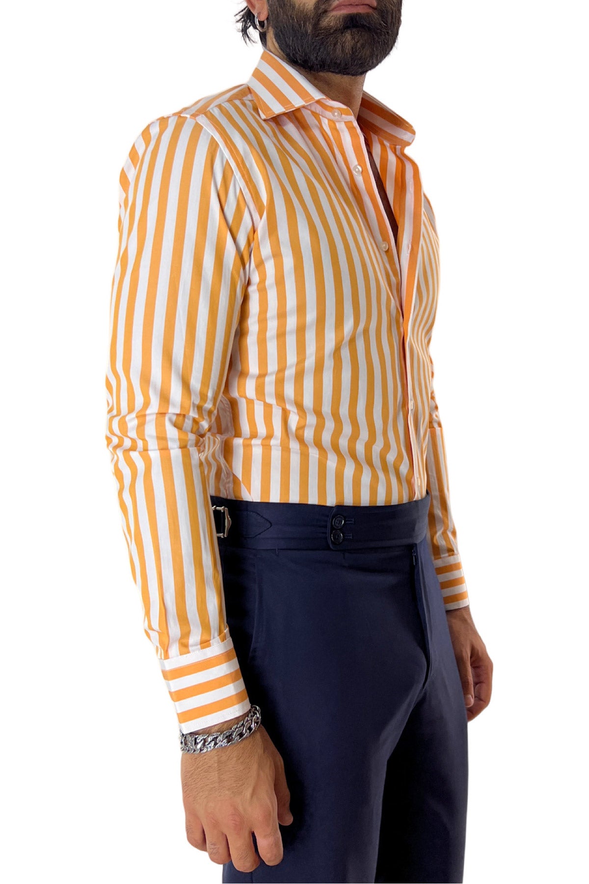 Camicia Uomo Righe Larghe extra slim fit 100% cotone Collo semi francese Made In Italy