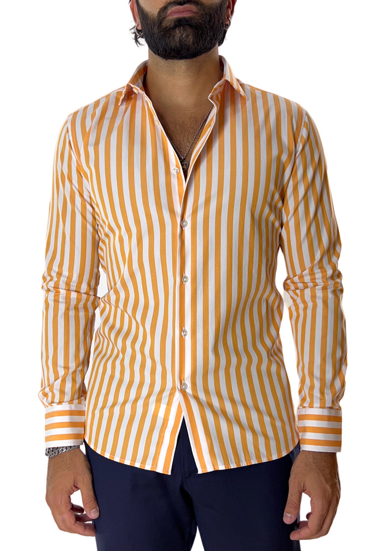 Camicia Uomo Righe Larghe extra slim fit 100% cotone Collo semi francese Made In Italy