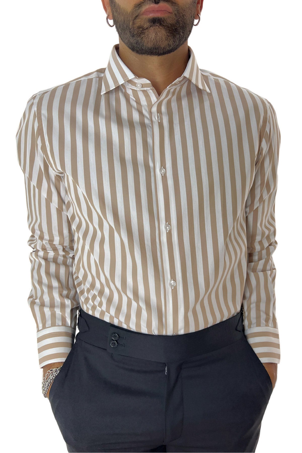 Camicia Uomo Righe Larghe extra slim fit 100% cotone Collo semi francese Made In Italy