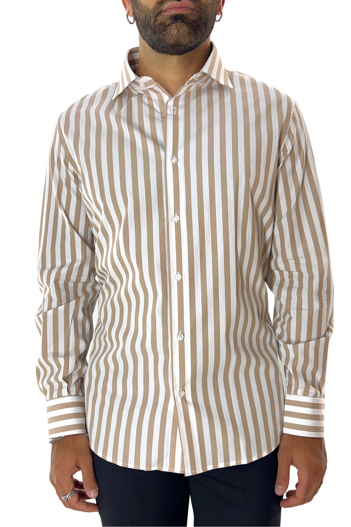 Camicia Uomo Righe Larghe extra slim fit 100% cotone Collo semi francese Made In Italy