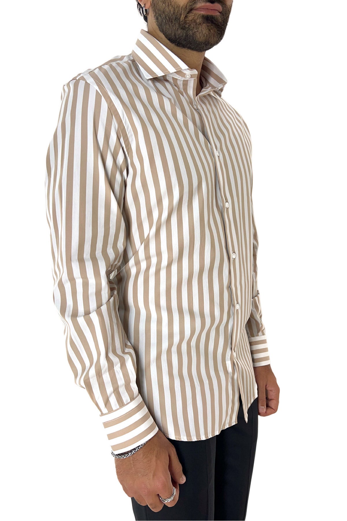 Camicia Uomo Righe Larghe extra slim fit 100% cotone Collo semi francese Made In Italy