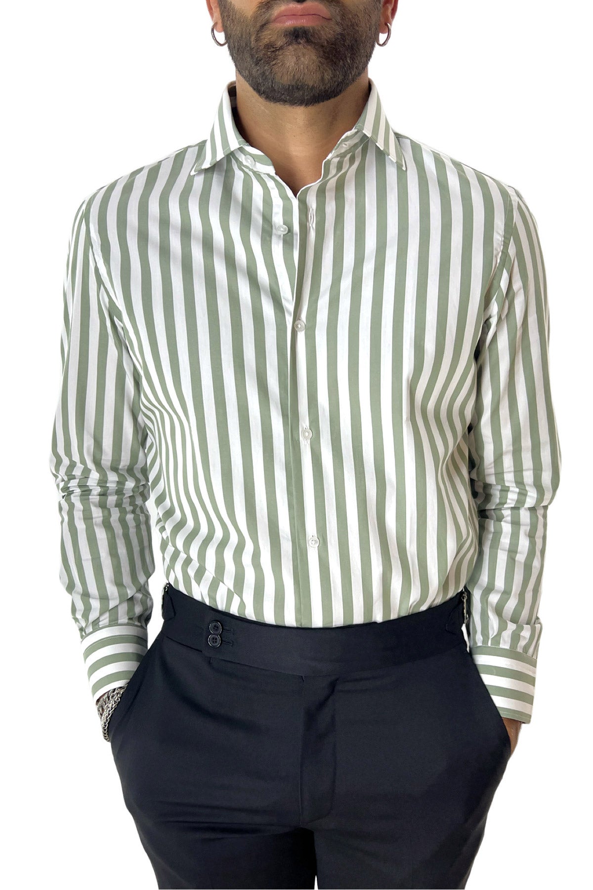Camicia Uomo Righe Larghe extra slim fit 100% cotone Collo semi francese Made In Italy
