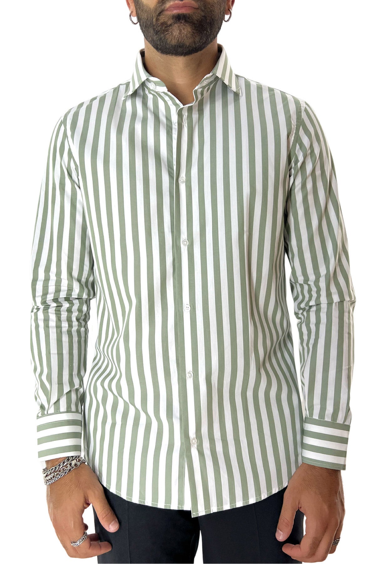 Camicia Uomo Righe Larghe extra slim fit 100% cotone Collo semi francese Made In Italy