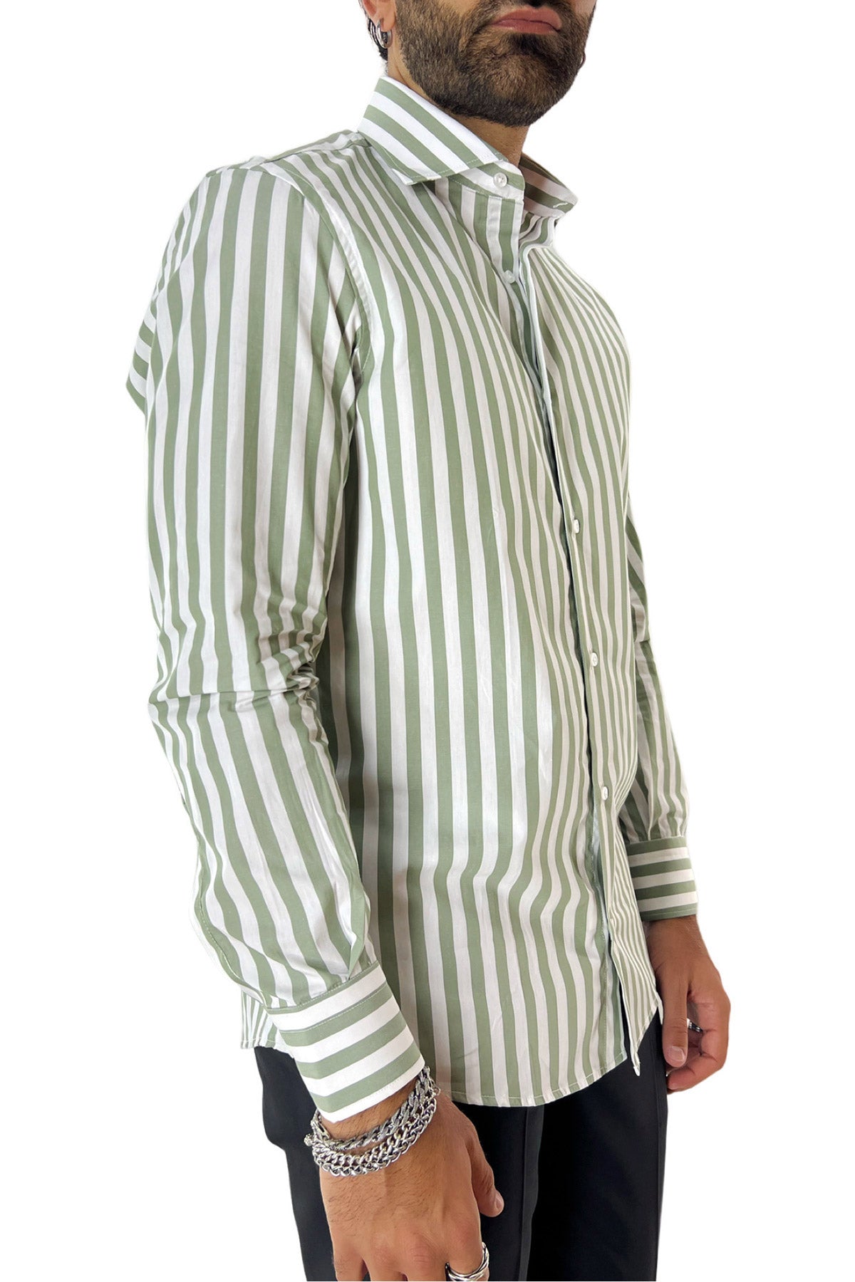 Camicia Uomo Righe Larghe extra slim fit 100% cotone Collo semi francese Made In Italy