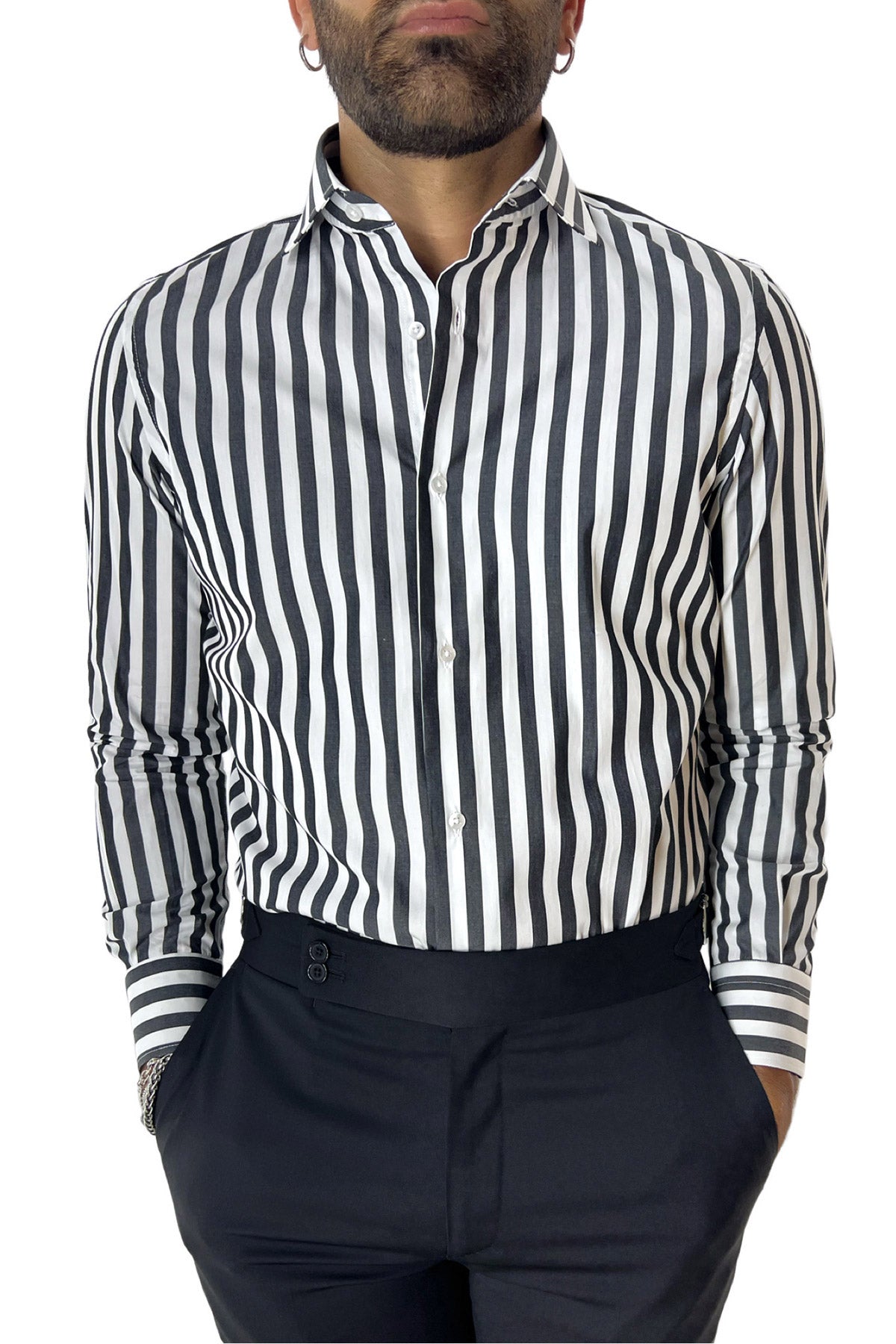 Camicia Uomo Righe Larghe extra slim fit 100% cotone Collo semi francese Made In Italy