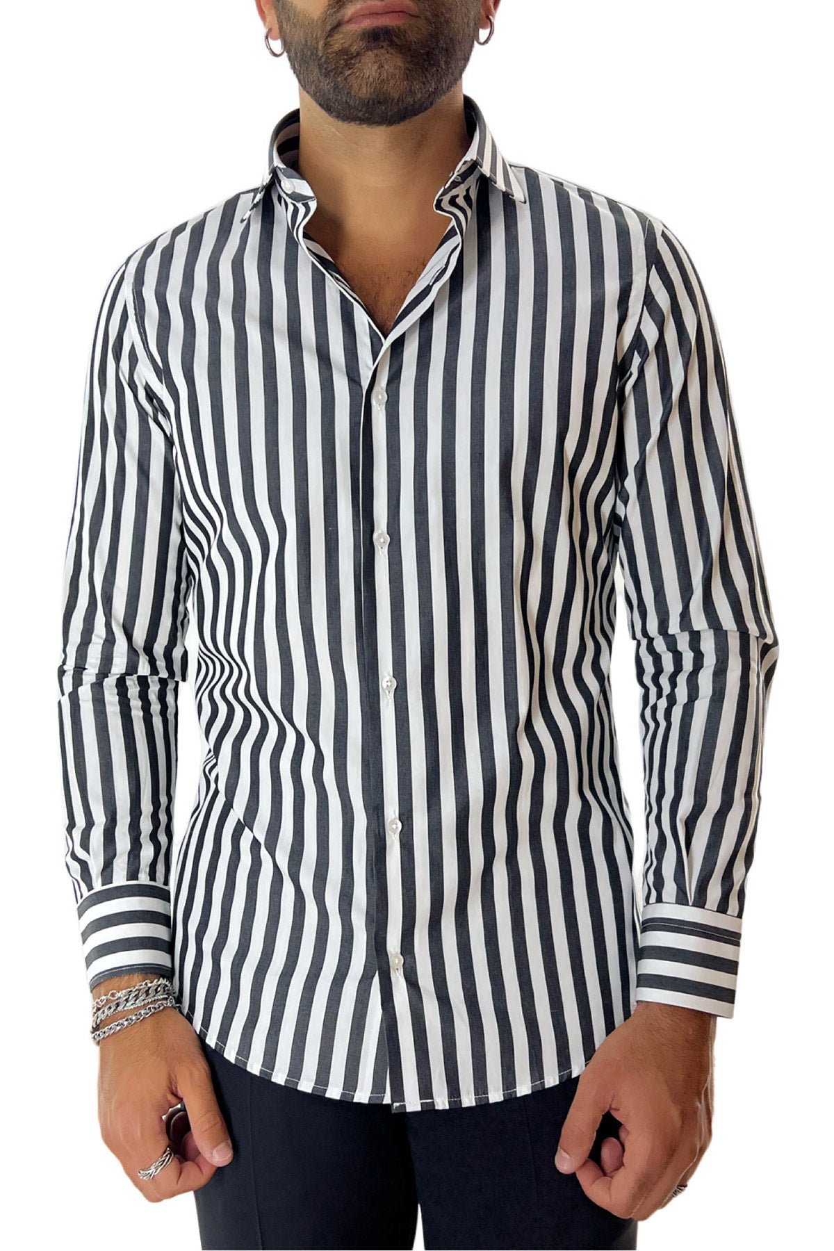 Camicia Uomo Righe Larghe extra slim fit 100% cotone Collo semi francese Made In Italy