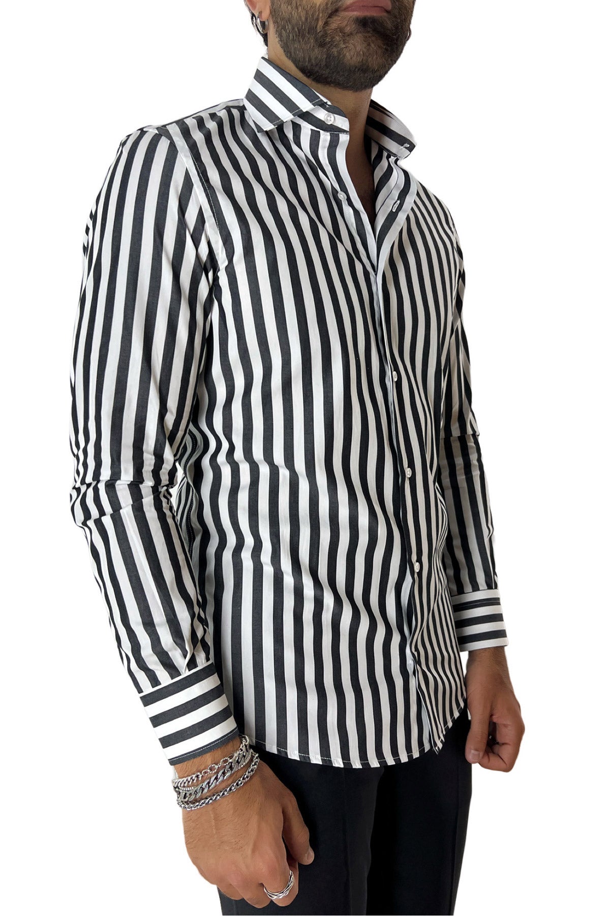 Camicia Uomo Righe Larghe extra slim fit 100% cotone Collo semi francese Made In Italy