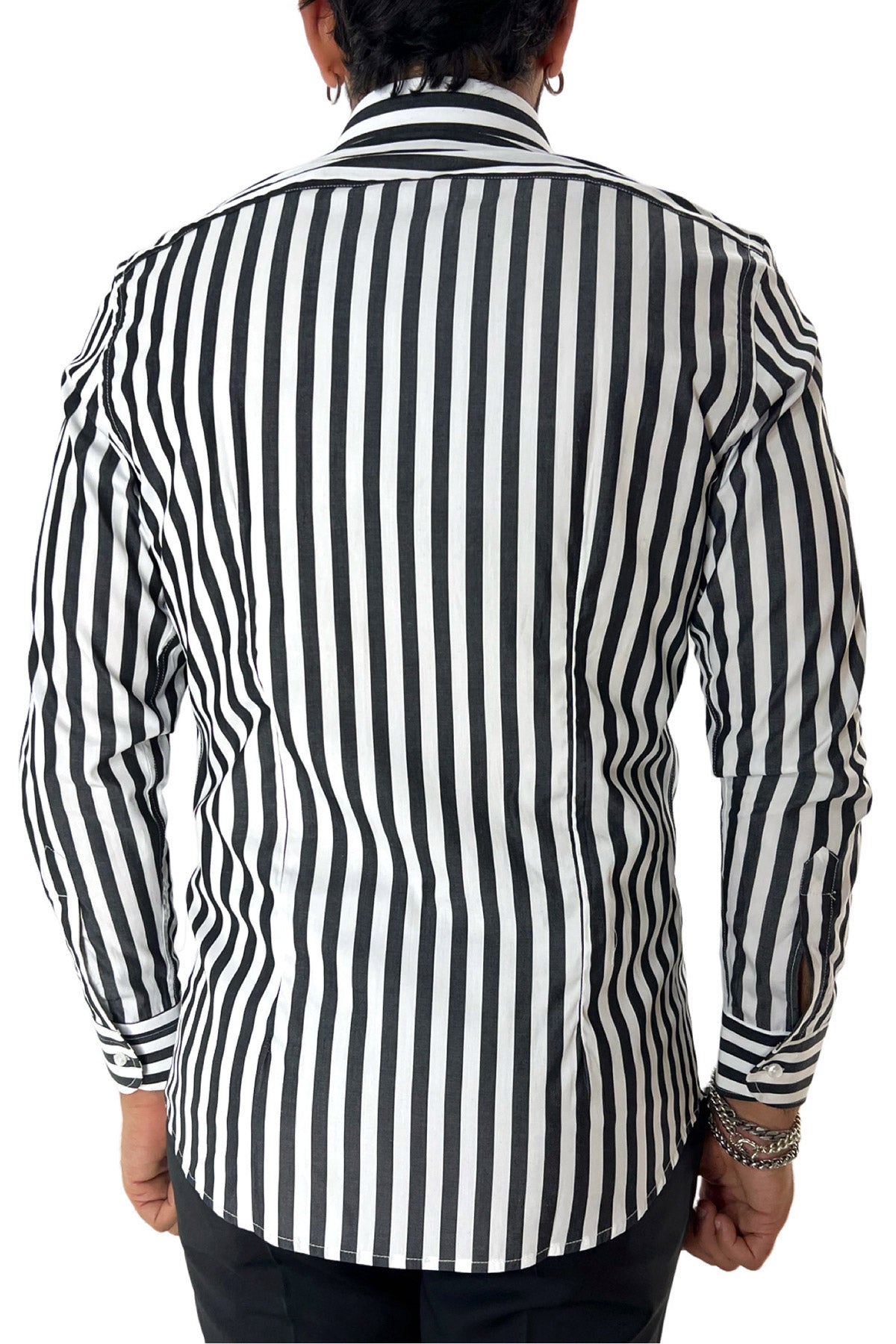 Camicia Uomo Righe Larghe extra slim fit 100% cotone Collo semi francese Made In Italy