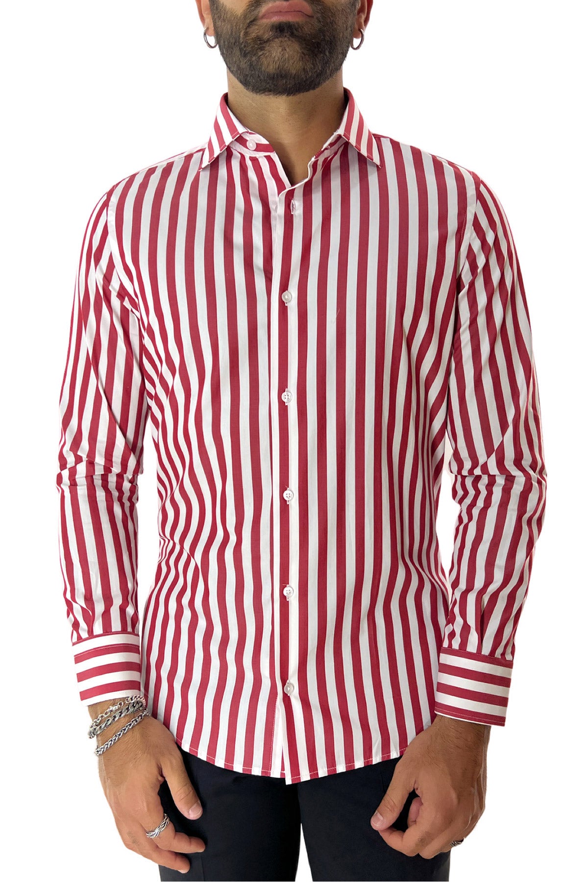 Camicia Uomo Righe Larghe extra slim fit 100% cotone Collo semi francese Made In Italy