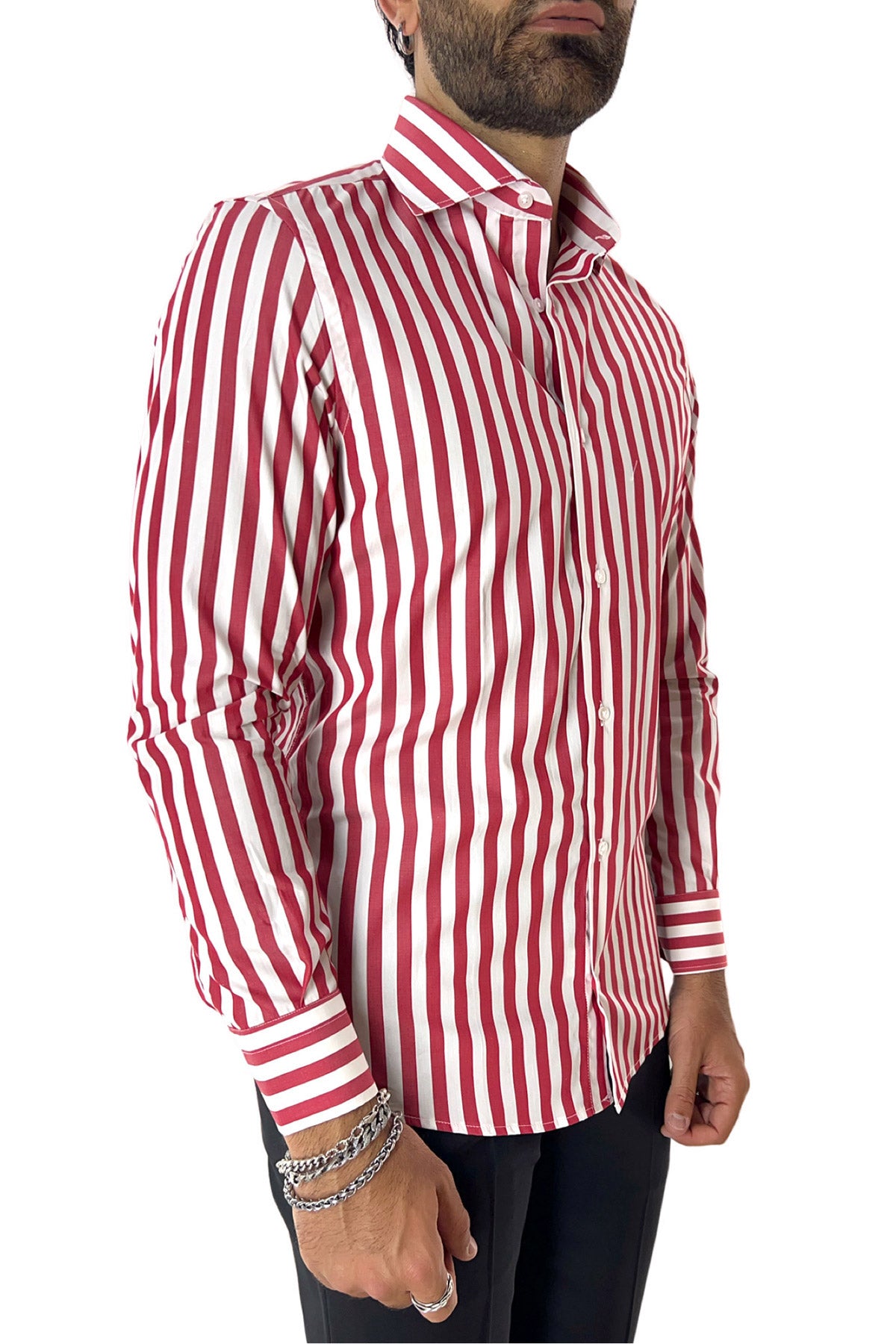 Camicia Uomo Righe Larghe extra slim fit 100% cotone Collo semi francese Made In Italy