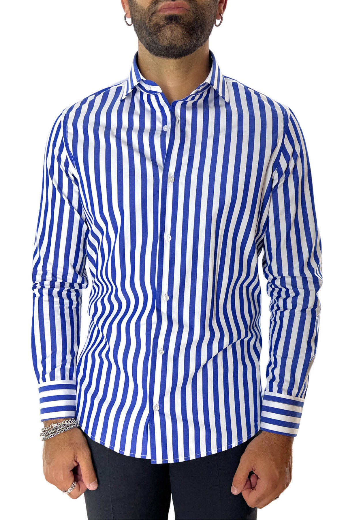 Camicia Uomo Righe Larghe extra slim fit 100% cotone Collo semi francese Made In Italy