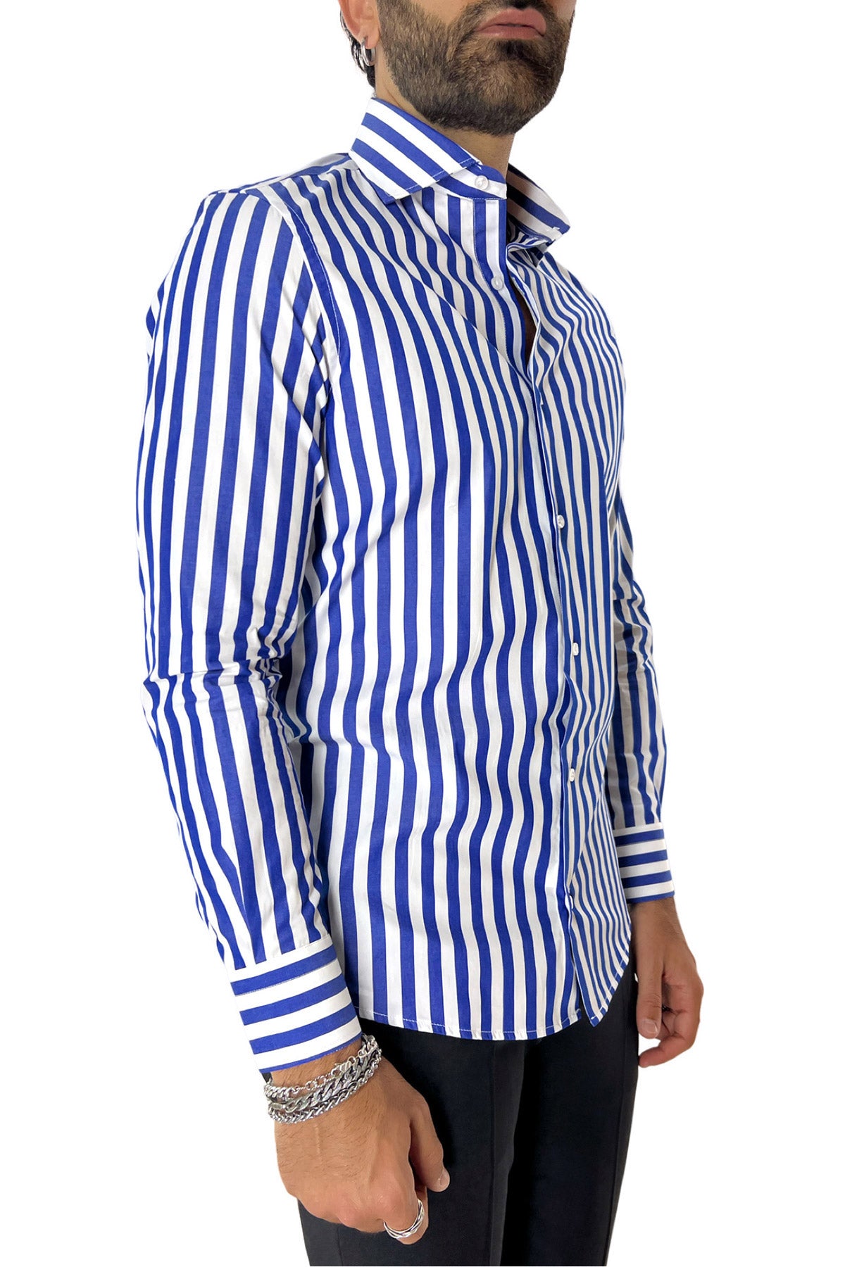 Camicia Uomo Righe Larghe extra slim fit 100% cotone Collo semi francese Made In Italy