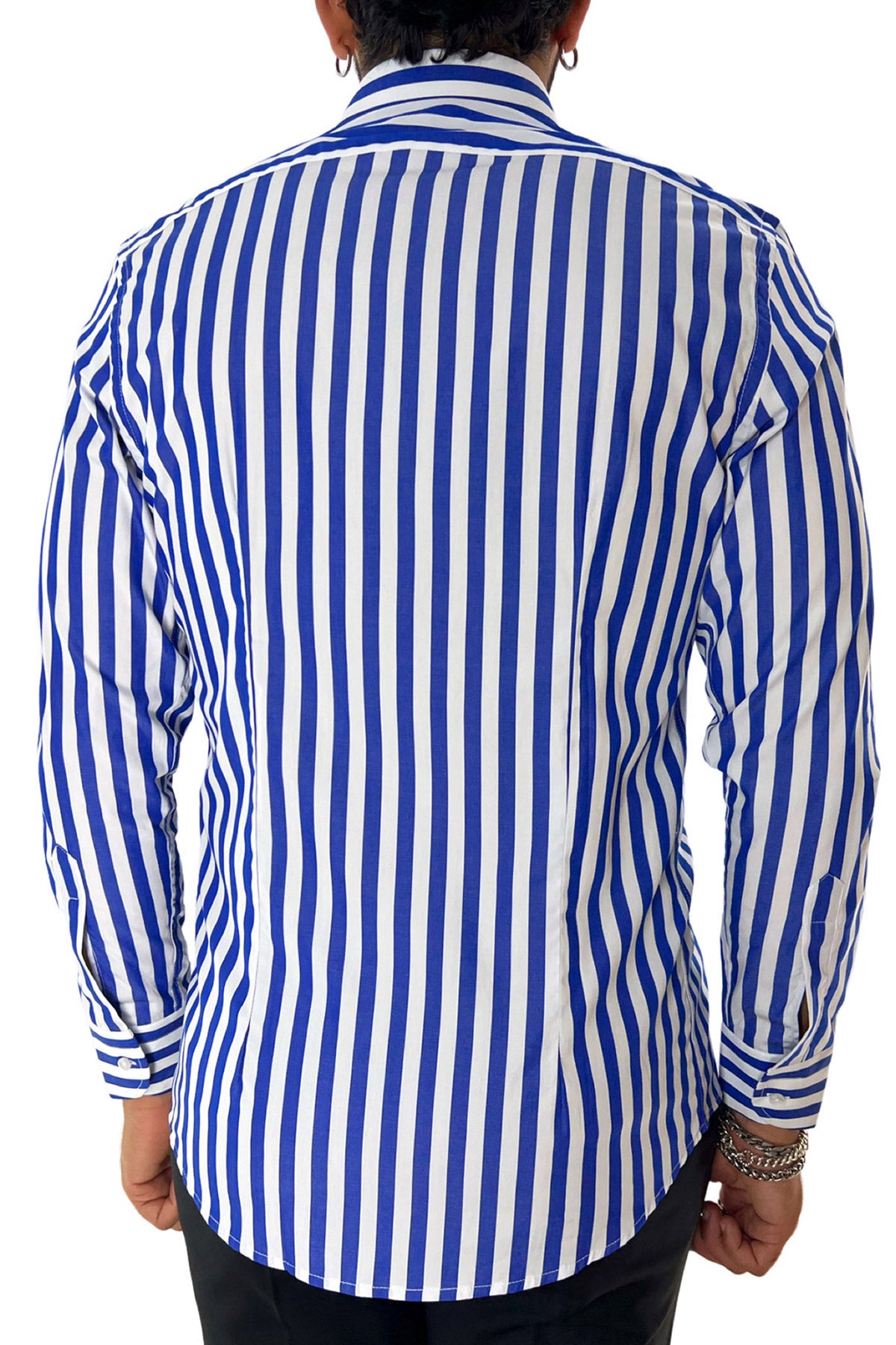 Camicia Uomo Righe Larghe extra slim fit 100% cotone Collo semi francese Made In Italy