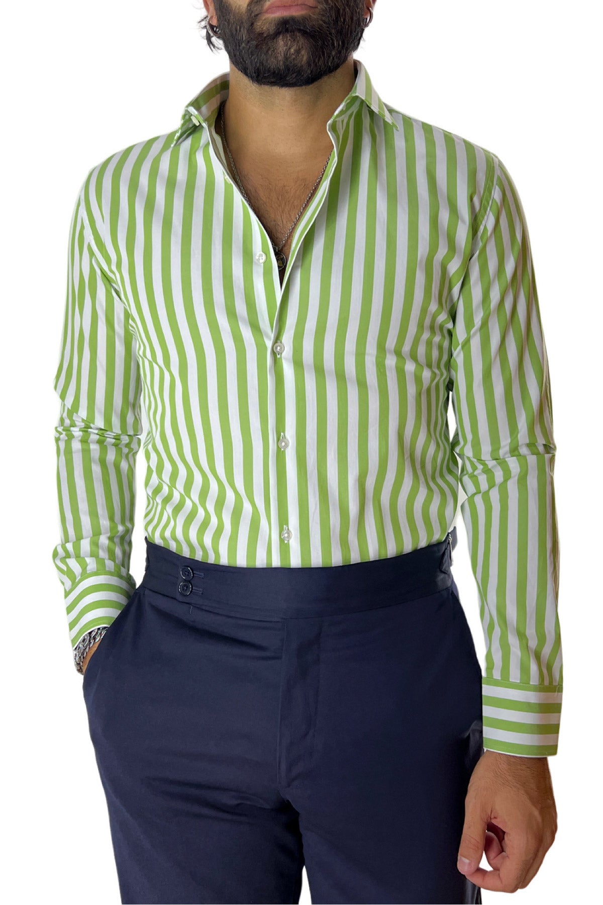 Camicia Uomo Righe Larghe extra slim fit 100% cotone Collo semi francese Made In Italy