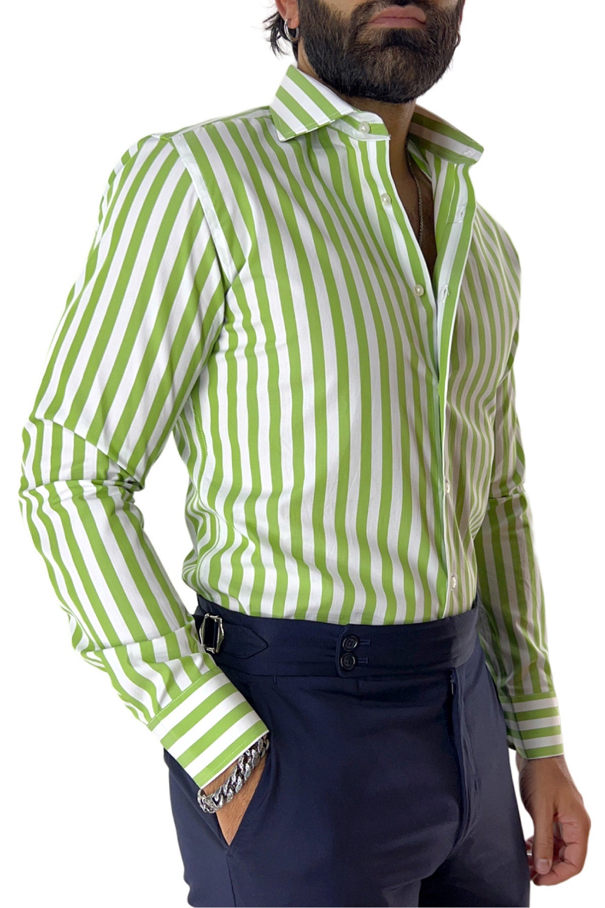 Camicia Uomo Righe Larghe extra slim fit 100% cotone Collo semi francese Made In Italy