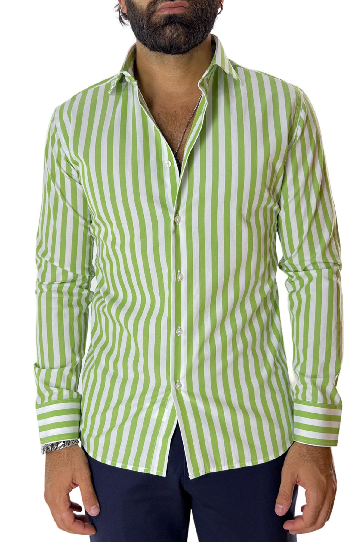 Camicia Uomo Righe Larghe extra slim fit 100% cotone Collo semi francese Made In Italy